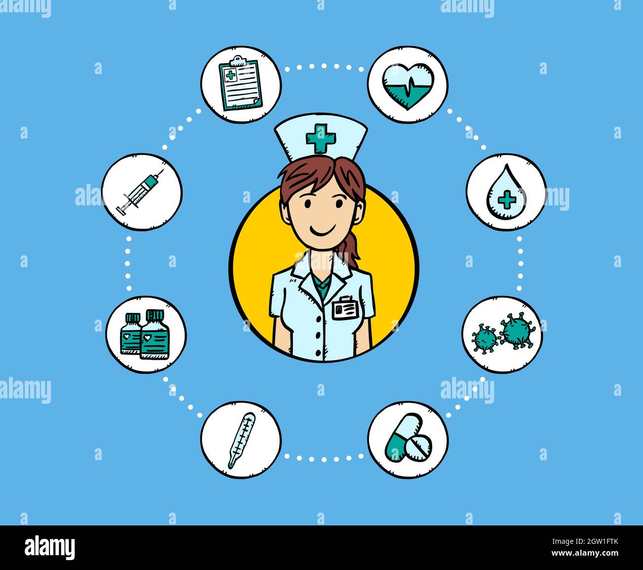 Vettore stile cartoon di avatar infermiera femminile, circondato da icone mediche. Lo stile di schizzo mostra un'illustrazione colorata. Illustrazione Vettoriale