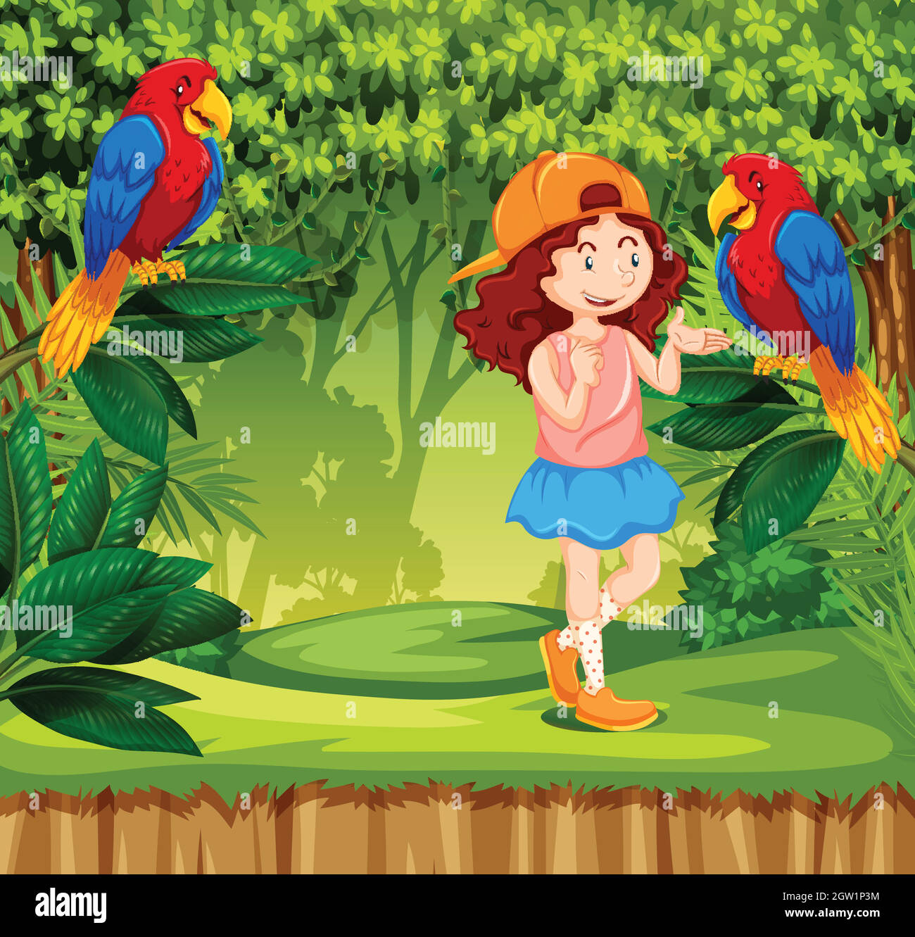 Una ragazza di capelli rossi nella giungla con pappagallo Illustrazione Vettoriale