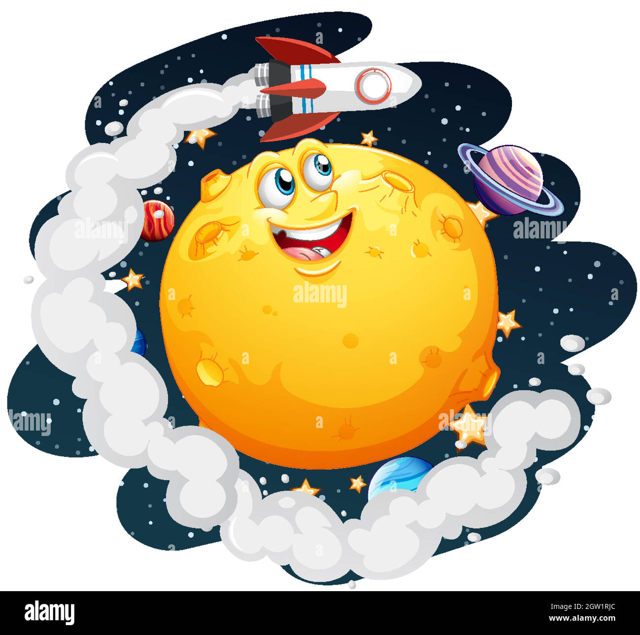 Luna con volto felice sul tema spazio galassia su sfondo bianco Illustrazione Vettoriale