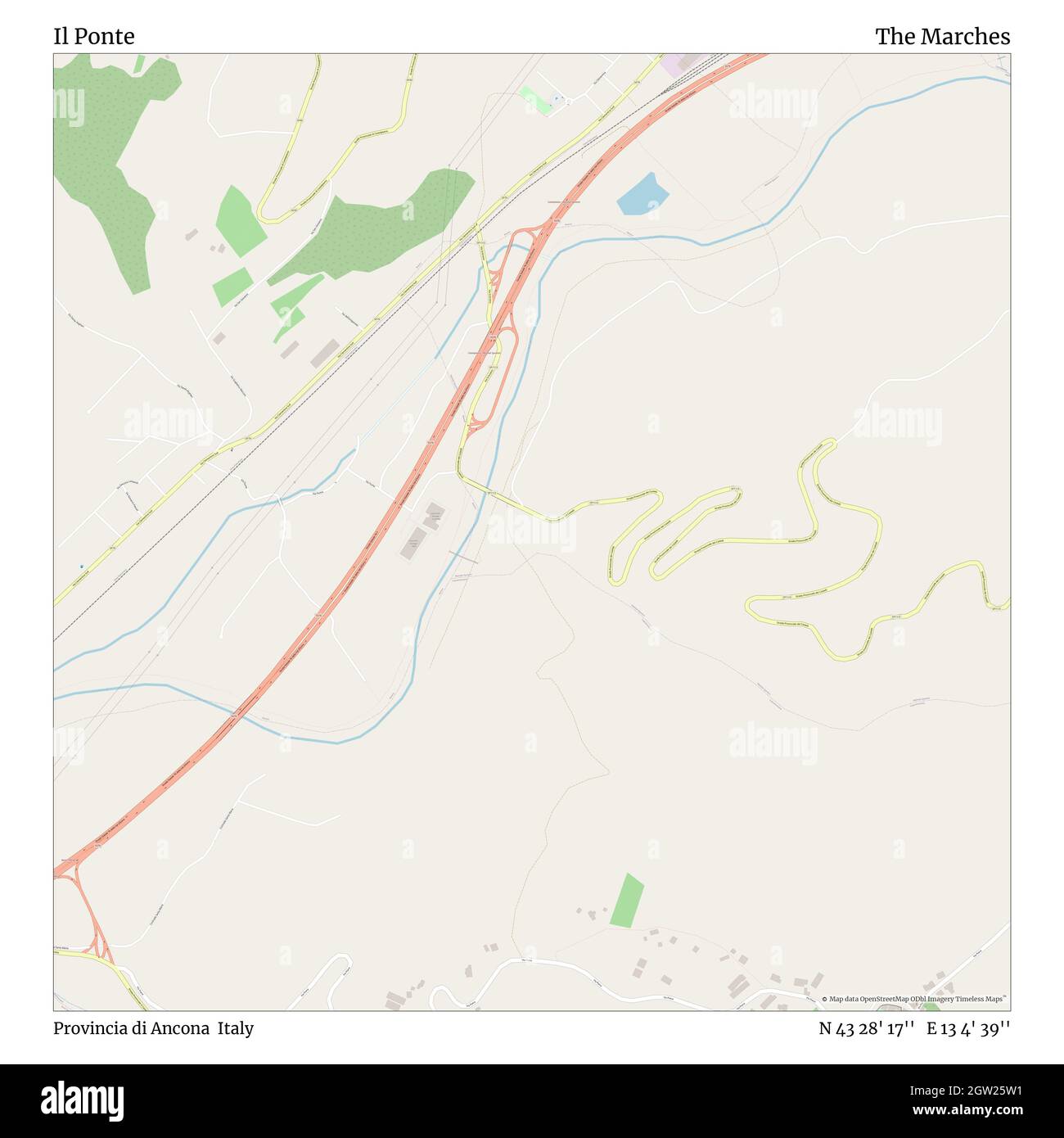 Il Ponte, Provincia di Ancona, Italia, Marche, N 43 28' 17''', e 13 4' 39''', mappa, Mappa senza tempo pubblicata nel 2021. Viaggiatori, esploratori e avventurieri come Florence Nightingale, David Livingstone, Ernest Shackleton, Lewis and Clark e Sherlock Holmes si sono affidati alle mappe per pianificare i viaggi verso gli angoli più remoti del mondo, Timeless Maps sta mappando la maggior parte delle località del mondo, mostrando il successo di grandi sogni Foto Stock