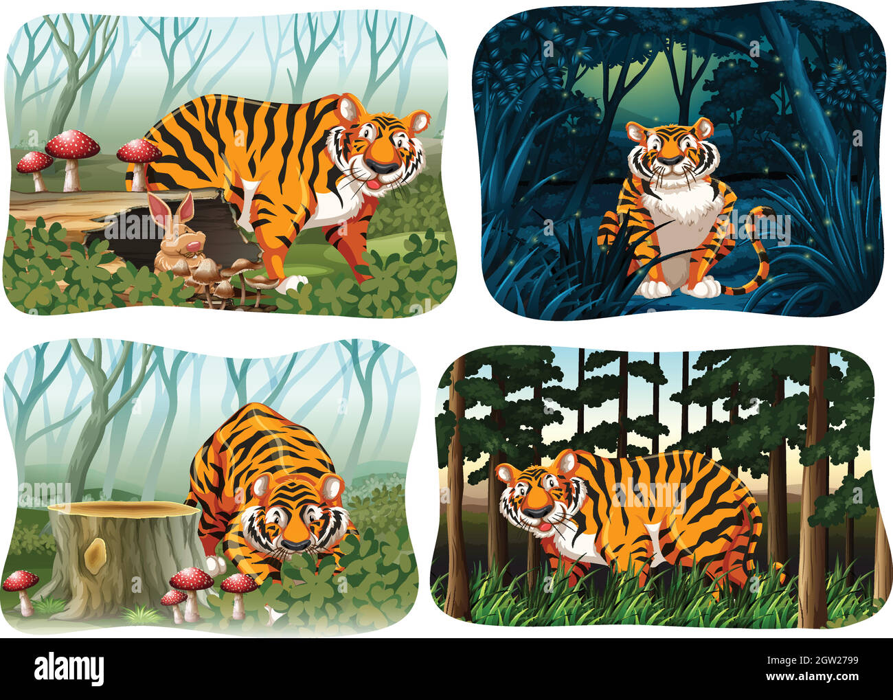 Quattro scene di tigre che vivono nella foresta Illustrazione Vettoriale