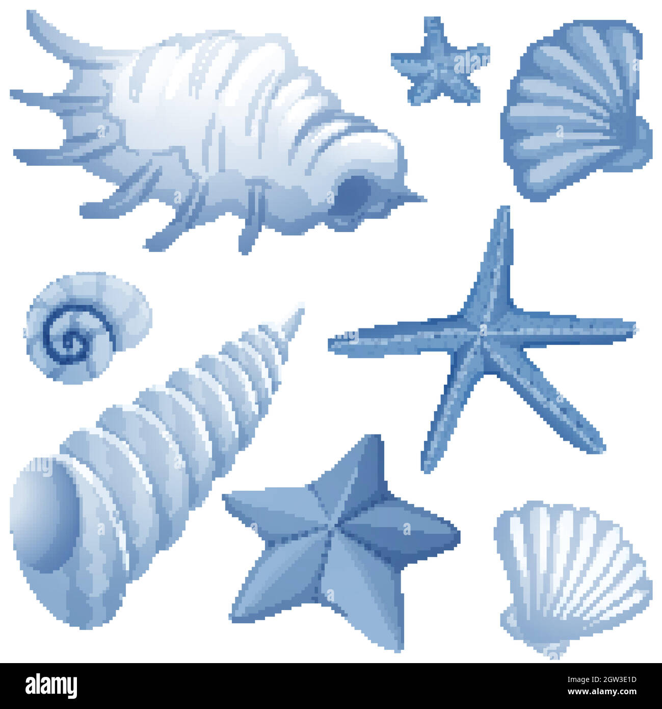 Diversi tipi di conchiglie di colore blu Illustrazione Vettoriale