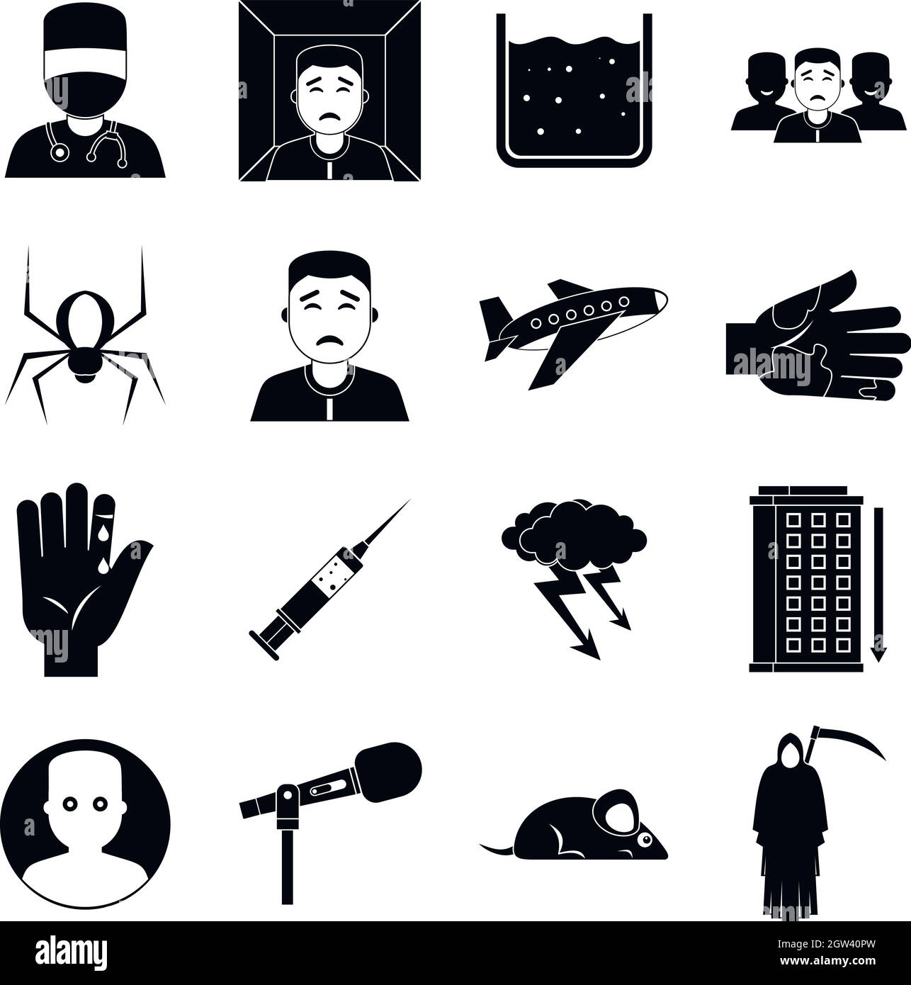 Fobia simboli set di icone, stile semplice Illustrazione Vettoriale