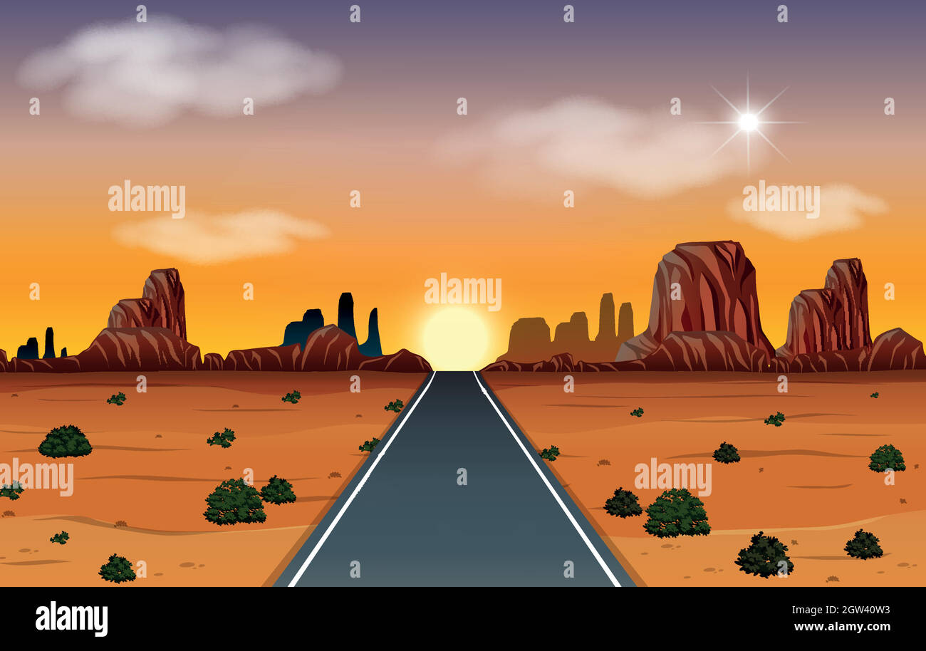 Alba nel deserto con scena stradale Illustrazione Vettoriale