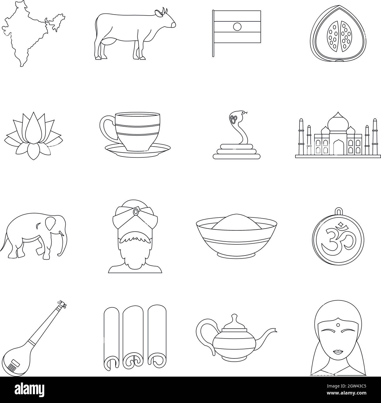 India viaggio set di icone di stile di contorno Illustrazione Vettoriale