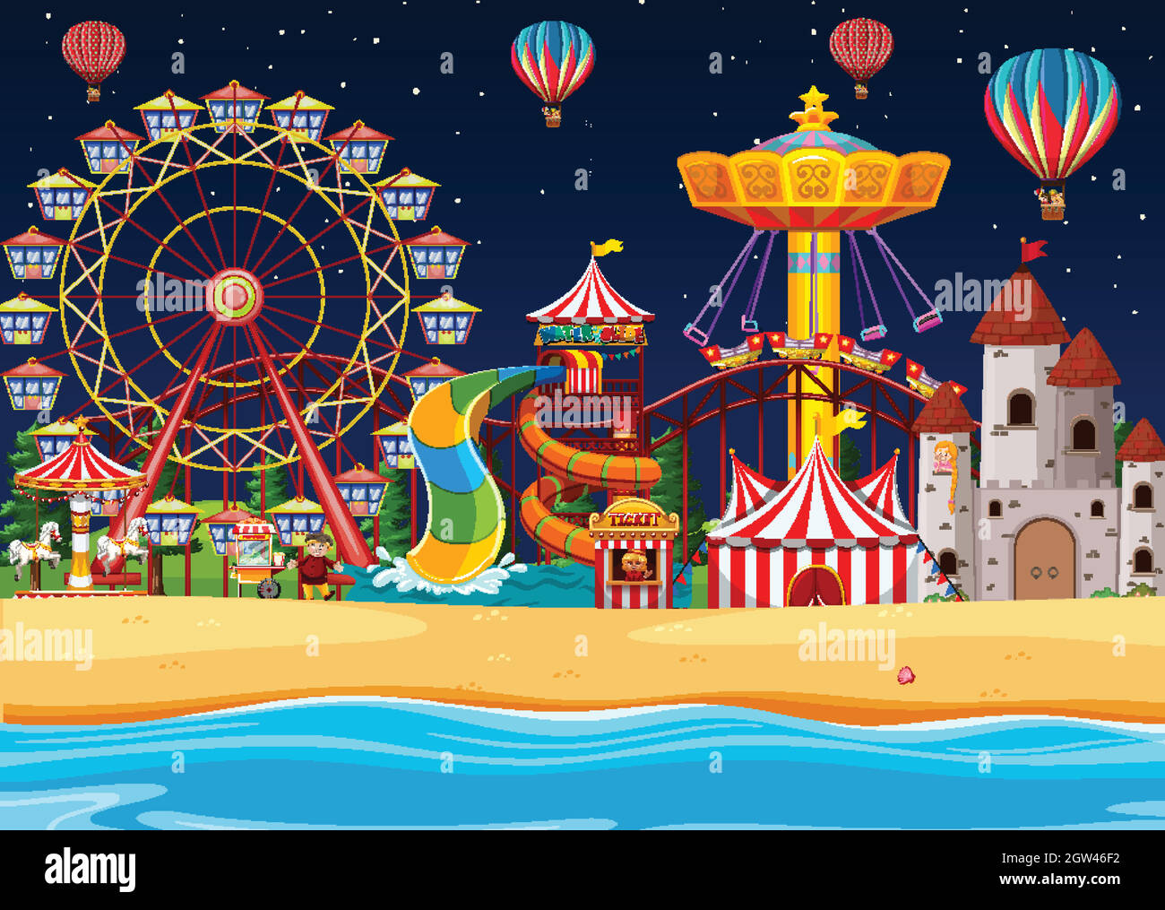 Parco divertimenti con la spiaggia di notte con balloni nel cielo Illustrazione Vettoriale