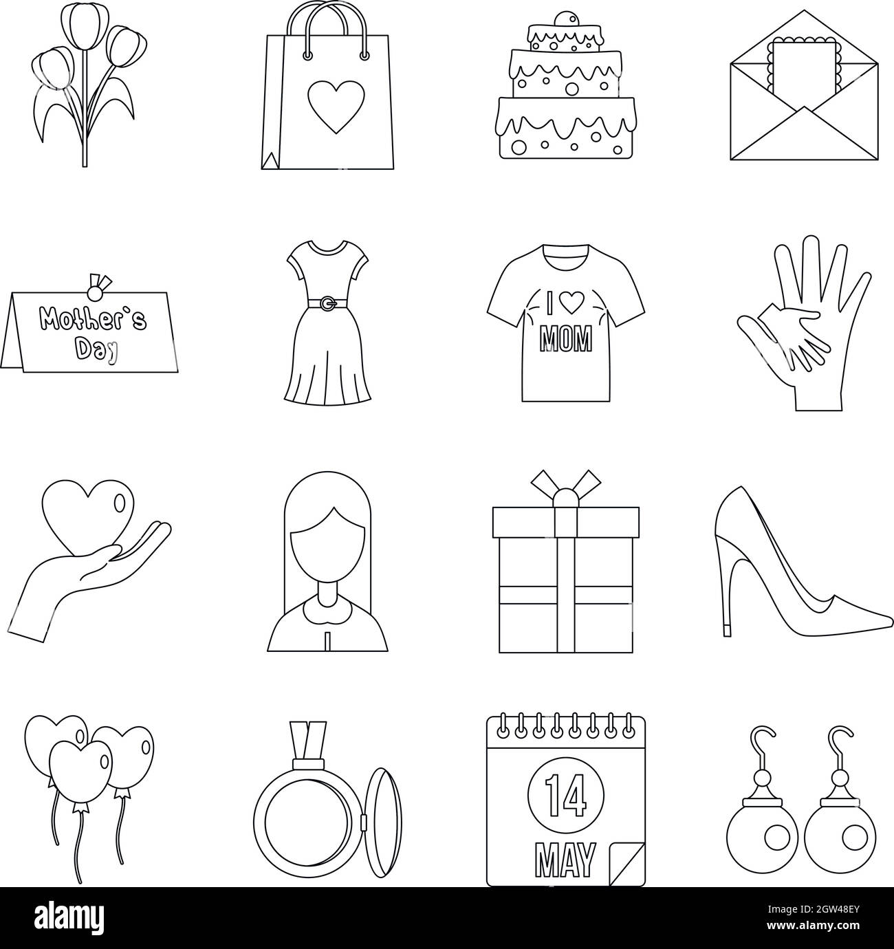 Festa della mamma set di icone di stile di contorno Illustrazione Vettoriale