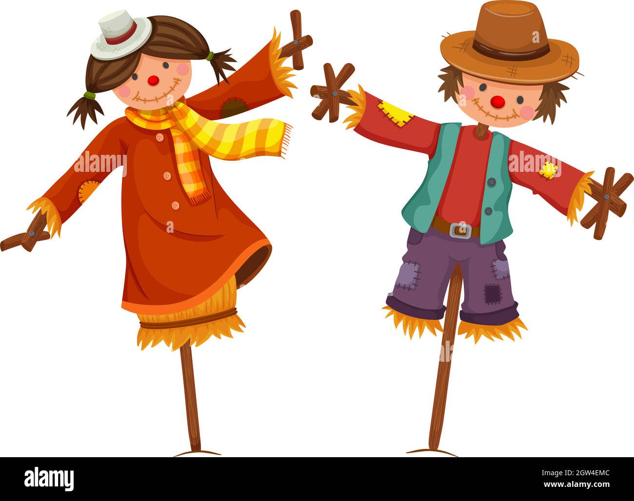 Due scarecrows assomiglia a ragazzo e ragazza umani Illustrazione Vettoriale