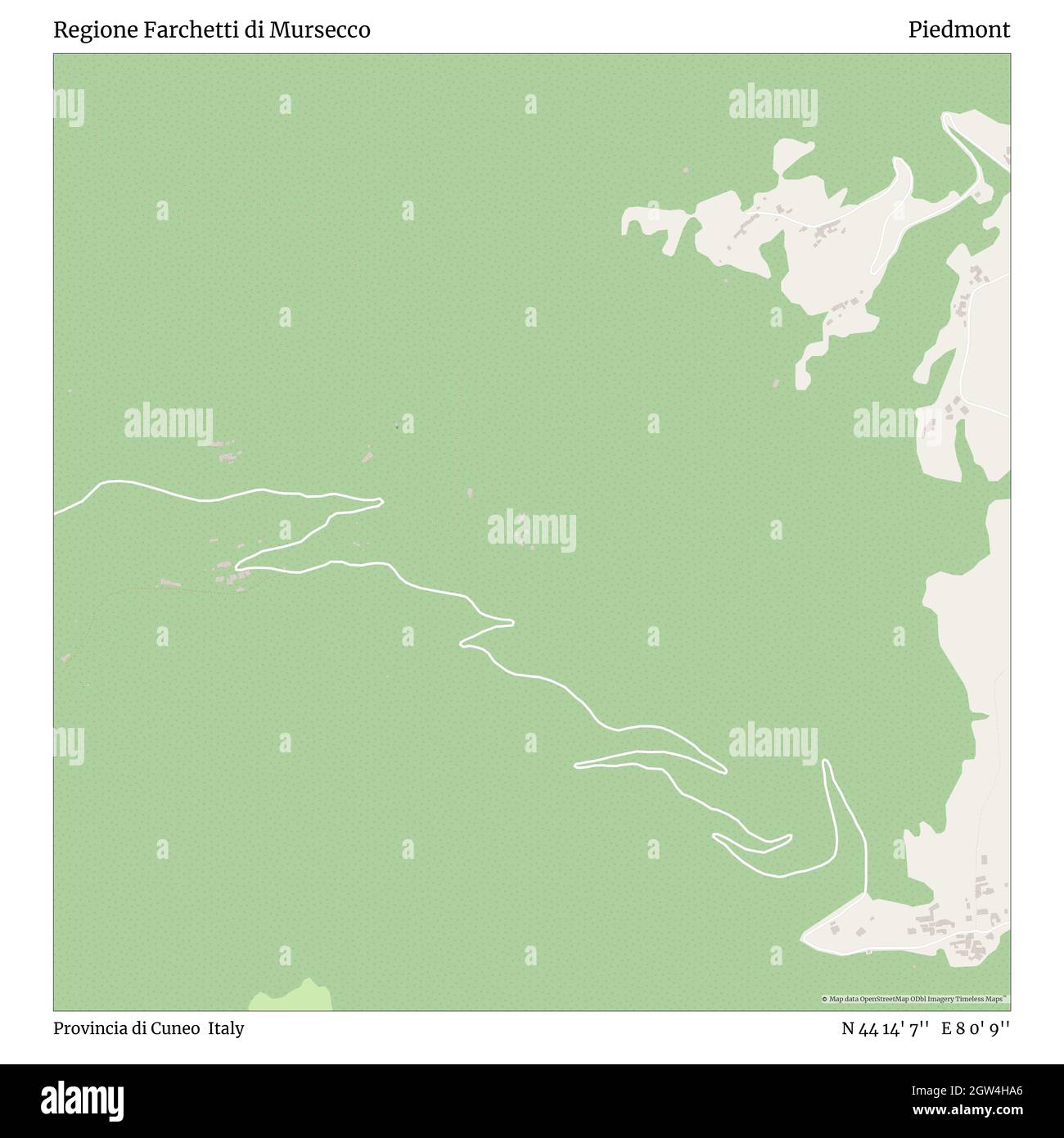 Regione Farchetti di Mursecco, Provincia di Cuneo, Italia, Piemonte, N 44 14' 7'', e 8 0' 9''', mappa, Mappa senza tempo pubblicata nel 2021. Viaggiatori, esploratori e avventurieri come Florence Nightingale, David Livingstone, Ernest Shackleton, Lewis and Clark e Sherlock Holmes si sono affidati alle mappe per pianificare i viaggi verso gli angoli più remoti del mondo, Timeless Maps sta mappando la maggior parte delle località del mondo, mostrando il successo di grandi sogni Foto Stock