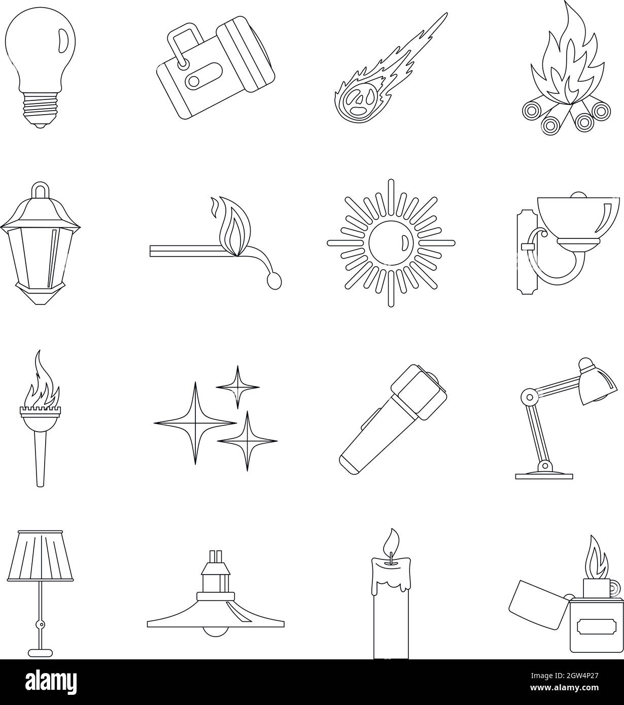 La sorgente di luce simboli set di icone di stile di contorno Illustrazione Vettoriale