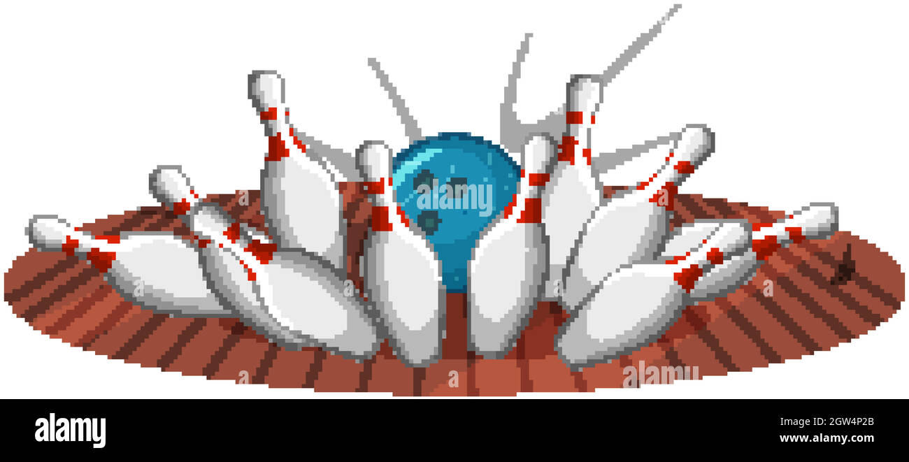 Bowling strike stile cartoon isolato su sfondo bianco Illustrazione Vettoriale