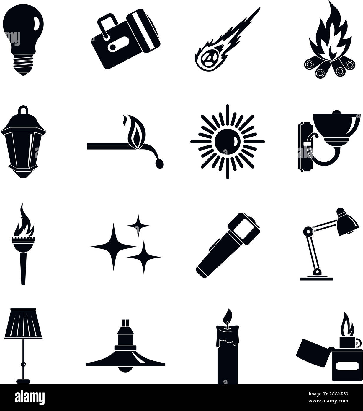 La sorgente di luce simboli set di icone, stile semplice Illustrazione Vettoriale