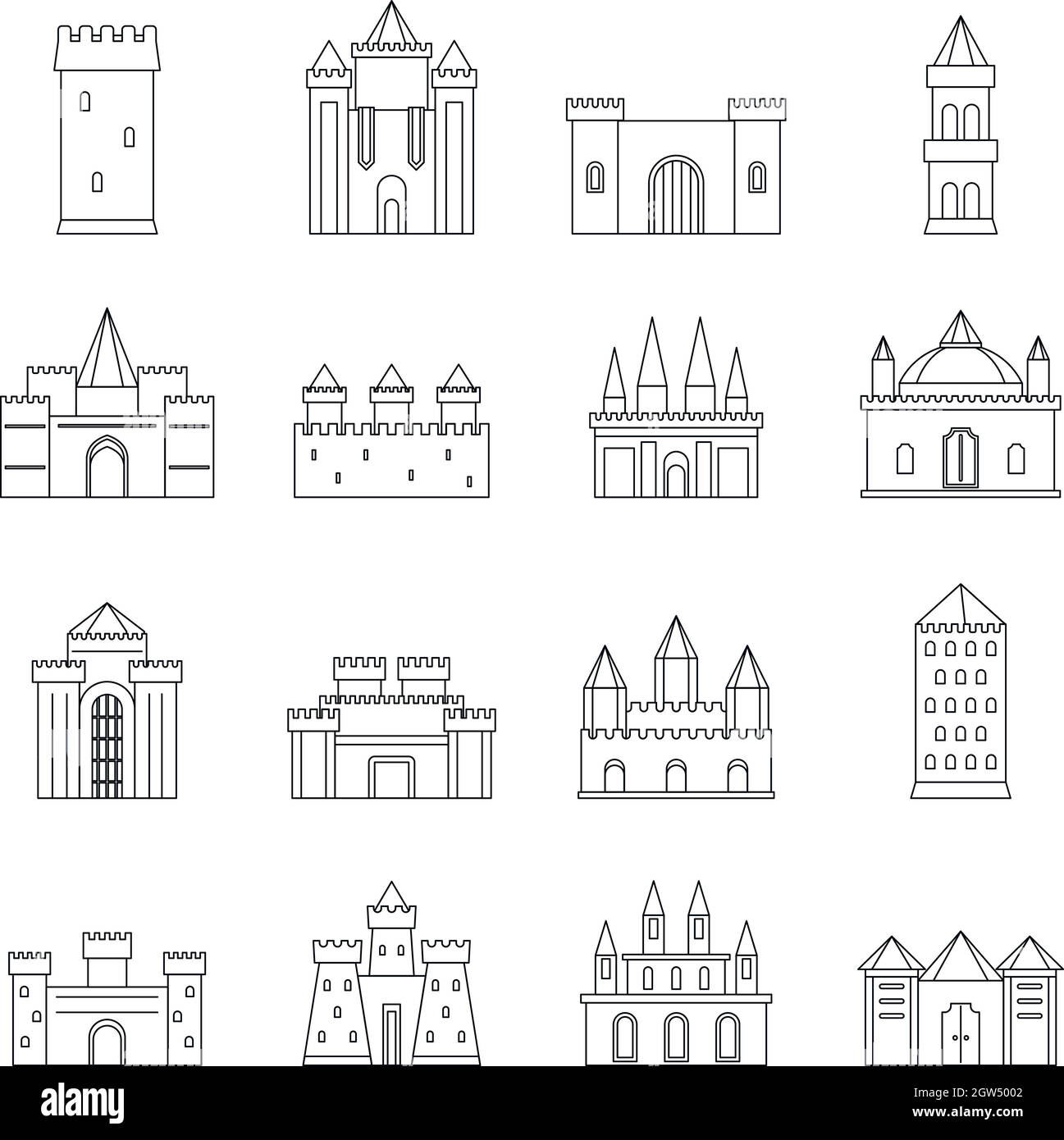 Torri e castelli set di icone di stile di contorno Illustrazione Vettoriale