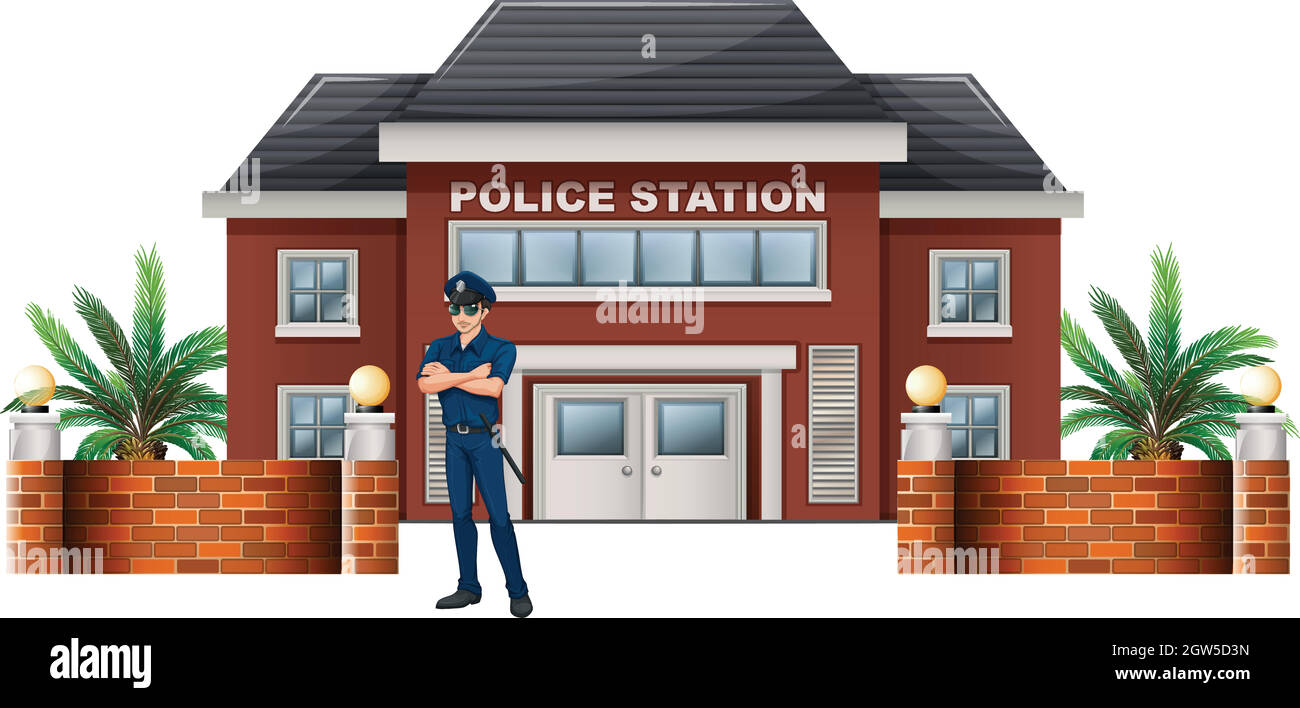 Un poliziotto che si trova di fronte alla stazione di polizia Illustrazione Vettoriale