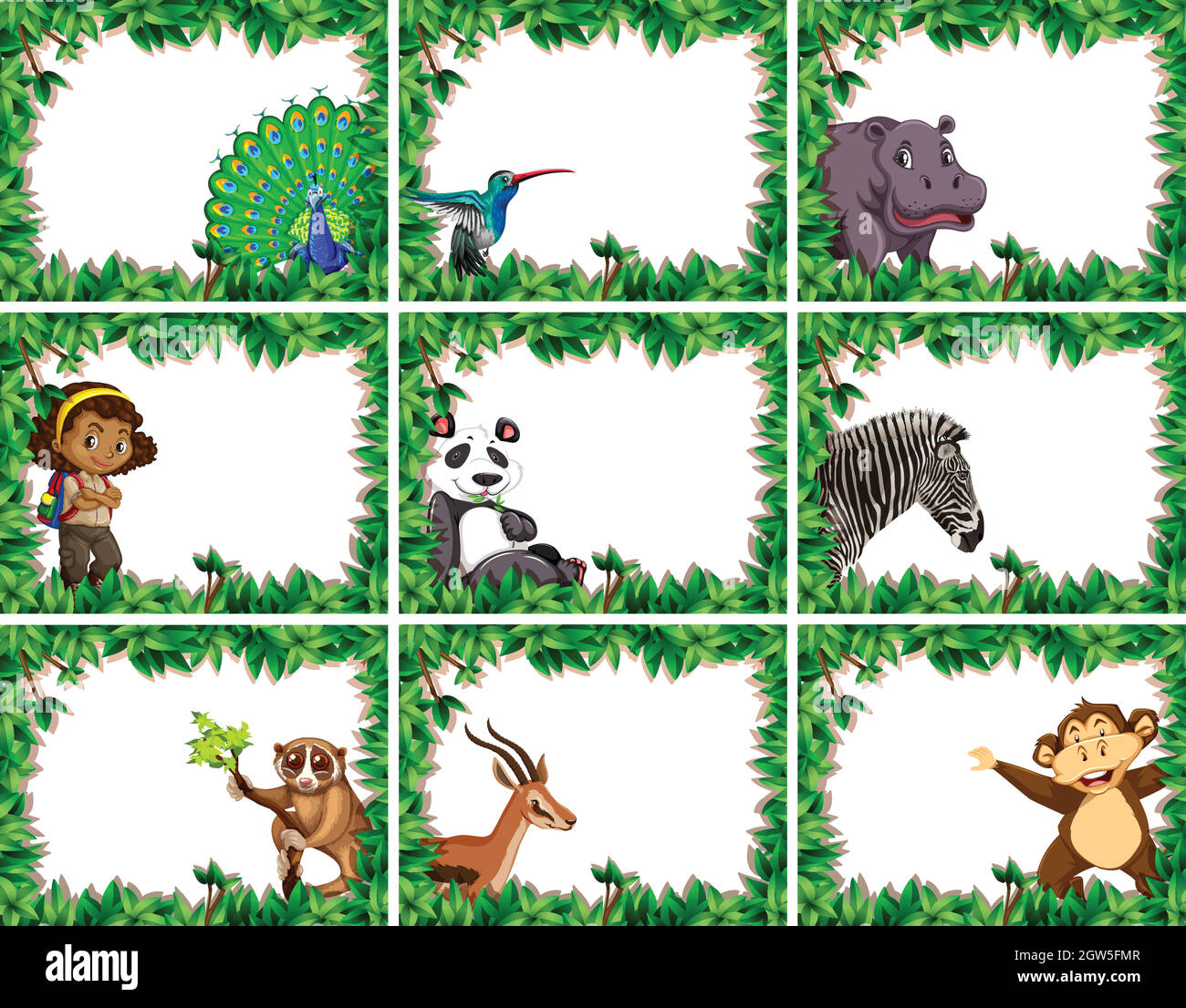 grande set di animali e persone naturali cornici Illustrazione Vettoriale