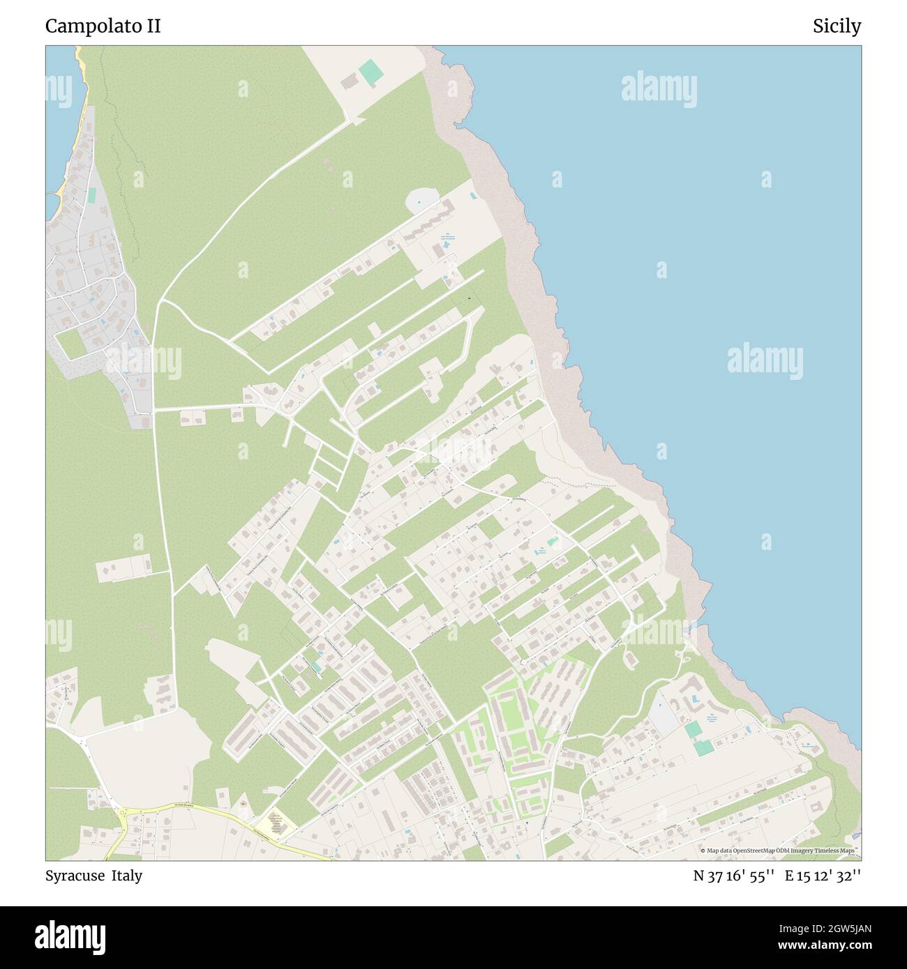 Campolato II, Siracusa, Italia, Sicilia, N 37 16' 55'', e 15 12' 32'', mappa, mappa senza tempo pubblicata nel 2021. Viaggiatori, esploratori e avventurieri come Florence Nightingale, David Livingstone, Ernest Shackleton, Lewis and Clark e Sherlock Holmes si sono affidati alle mappe per pianificare i viaggi verso gli angoli più remoti del mondo, Timeless Maps sta mappando la maggior parte delle località del mondo, mostrando il successo di grandi sogni Foto Stock