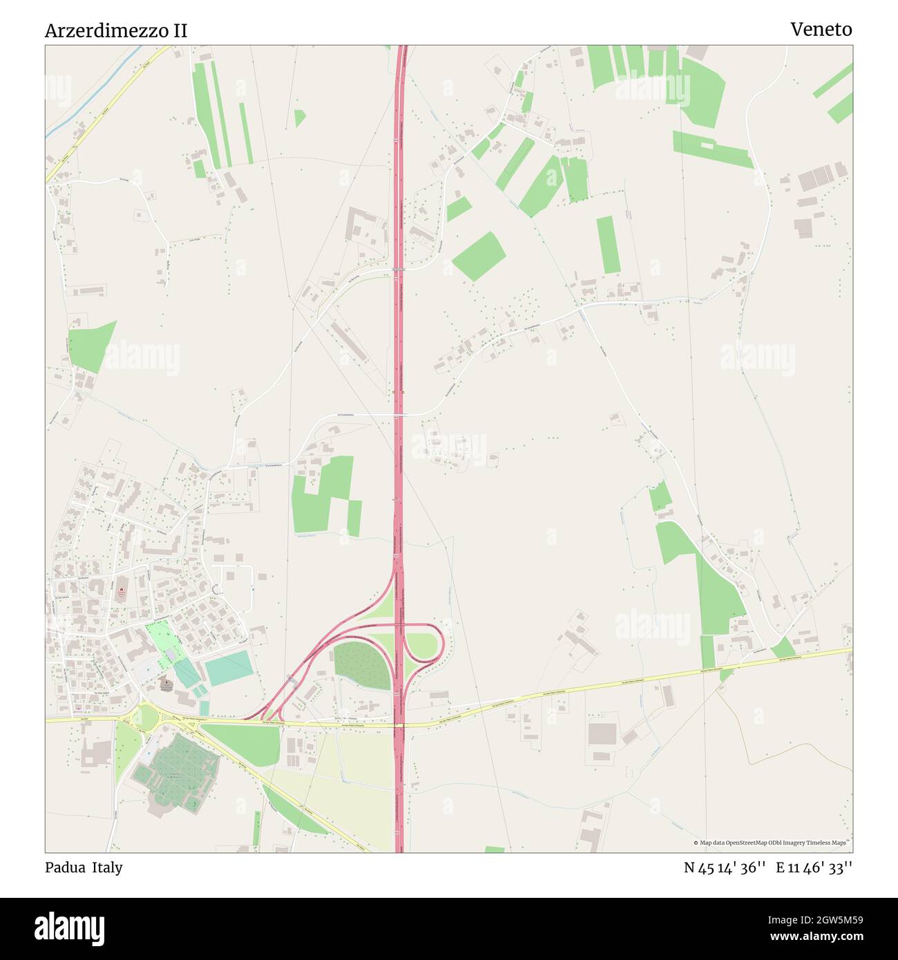 Arzerdimezzo II, Padova, Italia, Veneto, N 45 14' 36''', e 11 46' 33''', mappa, Mappa senza tempo pubblicata nel 2021. Viaggiatori, esploratori e avventurieri come Florence Nightingale, David Livingstone, Ernest Shackleton, Lewis and Clark e Sherlock Holmes si sono affidati alle mappe per pianificare i viaggi verso gli angoli più remoti del mondo, Timeless Maps sta mappando la maggior parte delle località del mondo, mostrando il successo di grandi sogni Foto Stock