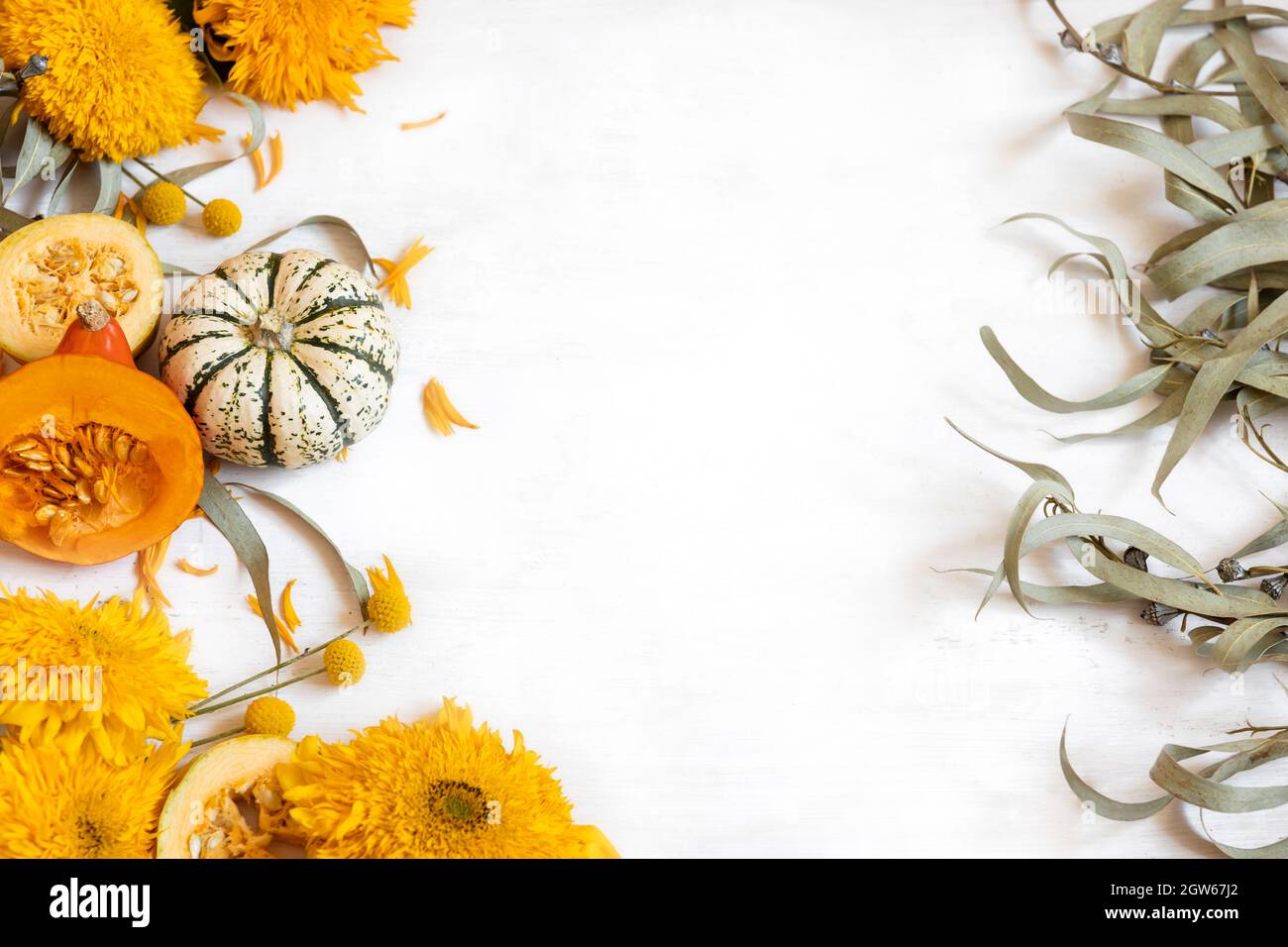 Decorazioni natalizie autunnali da zucche e fiori su sfondo bianco. Concetto di giorno del Ringraziamento o Halloween. Composizione autunnale a posa piatta con copia Foto Stock