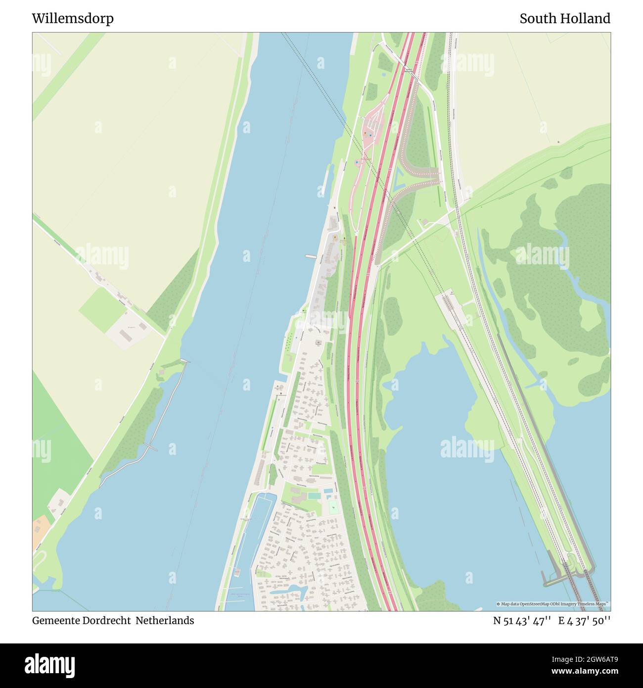 Willemsdorp, Gemeente Dordrecht, Paesi Bassi, Olanda meridionale, N 51 43' 47'', e 4 37' 50''', mappa, Mappa senza tempo pubblicata nel 2021. Viaggiatori, esploratori e avventurieri come Florence Nightingale, David Livingstone, Ernest Shackleton, Lewis and Clark e Sherlock Holmes si sono affidati alle mappe per pianificare i viaggi verso gli angoli più remoti del mondo, Timeless Maps sta mappando la maggior parte delle località del mondo, mostrando il successo di grandi sogni Foto Stock