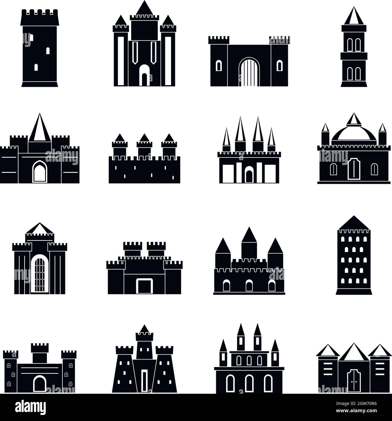 Torri e castelli set di icone, stile semplice Illustrazione Vettoriale