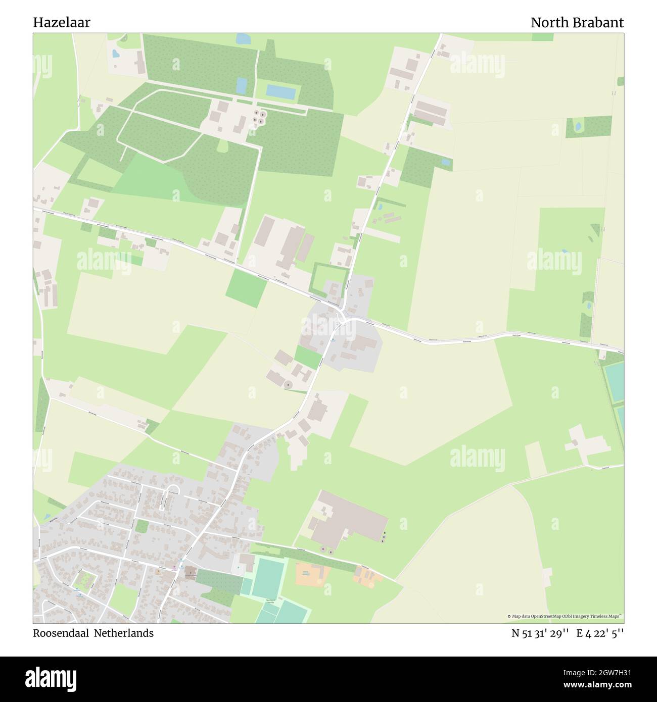 Hazelaar, Roosendaal, Olanda, Brabante del Nord, N 51 31' 29''', e 4 22' 5''', mappa, Mappa senza tempo pubblicata nel 2021. Viaggiatori, esploratori e avventurieri come Florence Nightingale, David Livingstone, Ernest Shackleton, Lewis and Clark e Sherlock Holmes si sono affidati alle mappe per pianificare i viaggi verso gli angoli più remoti del mondo, Timeless Maps sta mappando la maggior parte delle località del mondo, mostrando il successo di grandi sogni Foto Stock