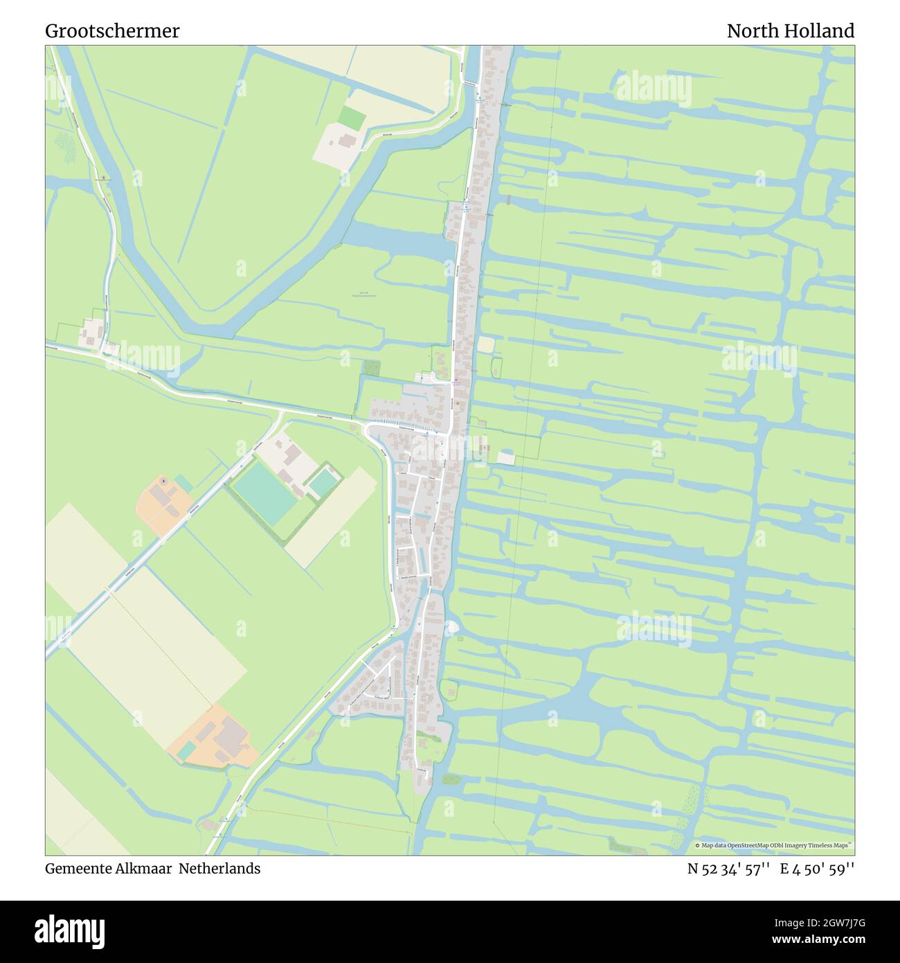 Grootschermer, Gemeente Alkmaar, Paesi Bassi, Olanda del Nord, N 52 34' 57'', e 4 50' 59''', mappa, Mappa senza tempo pubblicata nel 2021. Viaggiatori, esploratori e avventurieri come Florence Nightingale, David Livingstone, Ernest Shackleton, Lewis and Clark e Sherlock Holmes si sono affidati alle mappe per pianificare i viaggi verso gli angoli più remoti del mondo, Timeless Maps sta mappando la maggior parte delle località del mondo, mostrando il successo di grandi sogni Foto Stock