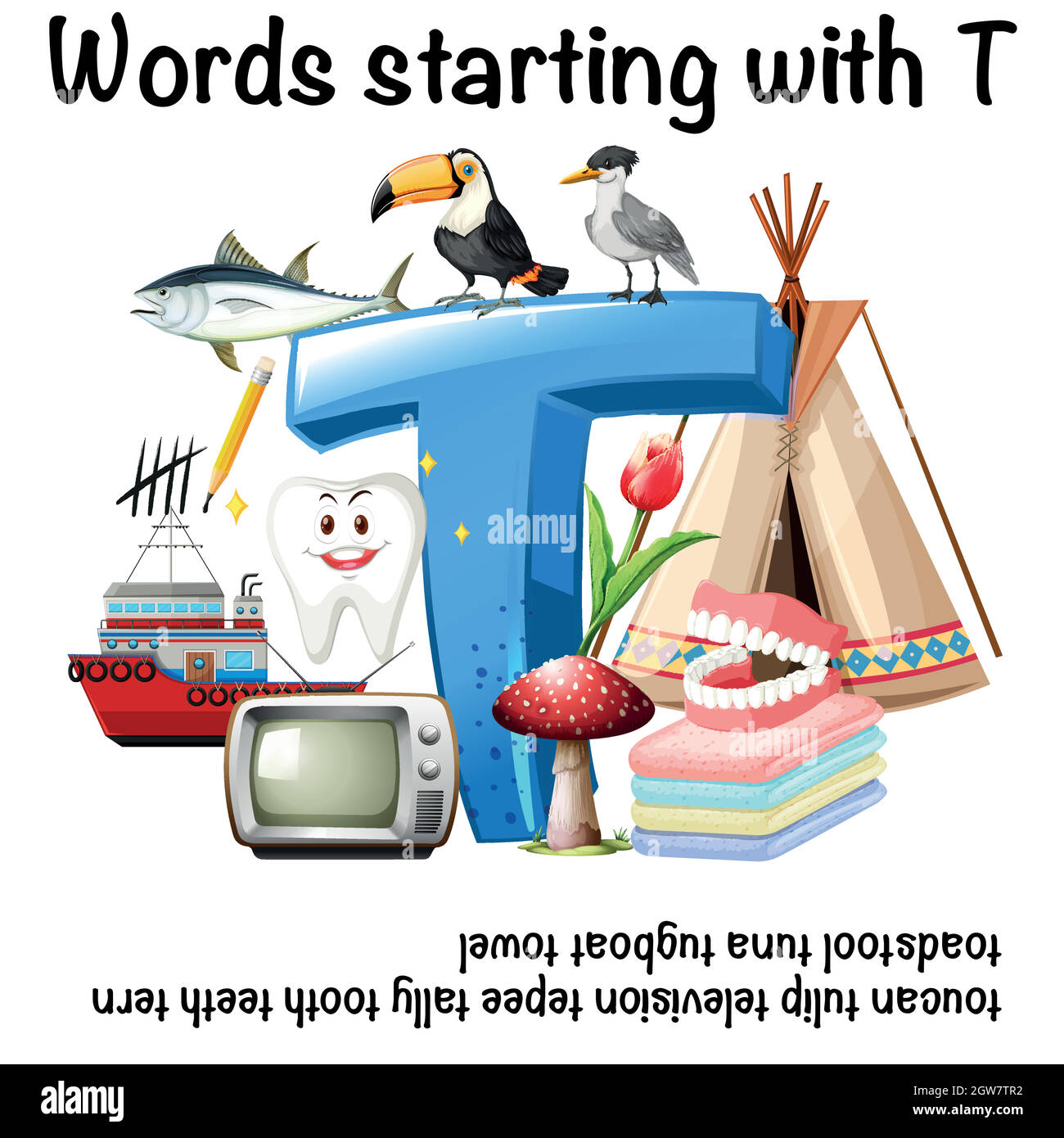 Parola inglese per iniziare con illustrazione T. Illustrazione Vettoriale