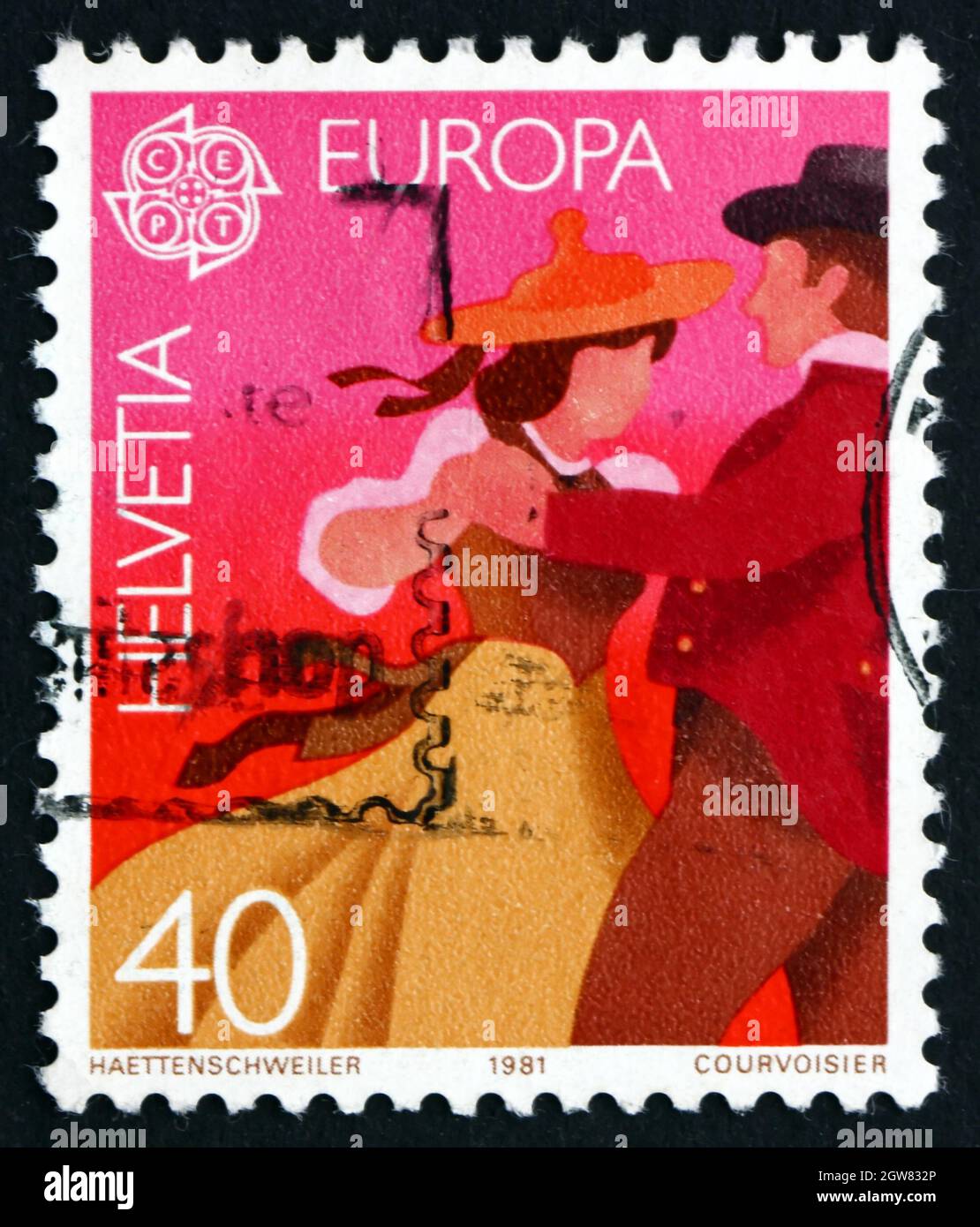 SVIZZERA - CIRCA 1981: Un francobollo stampato in Svizzera mostra coppia Dancing in costumi nativi, circa 1981 Foto Stock