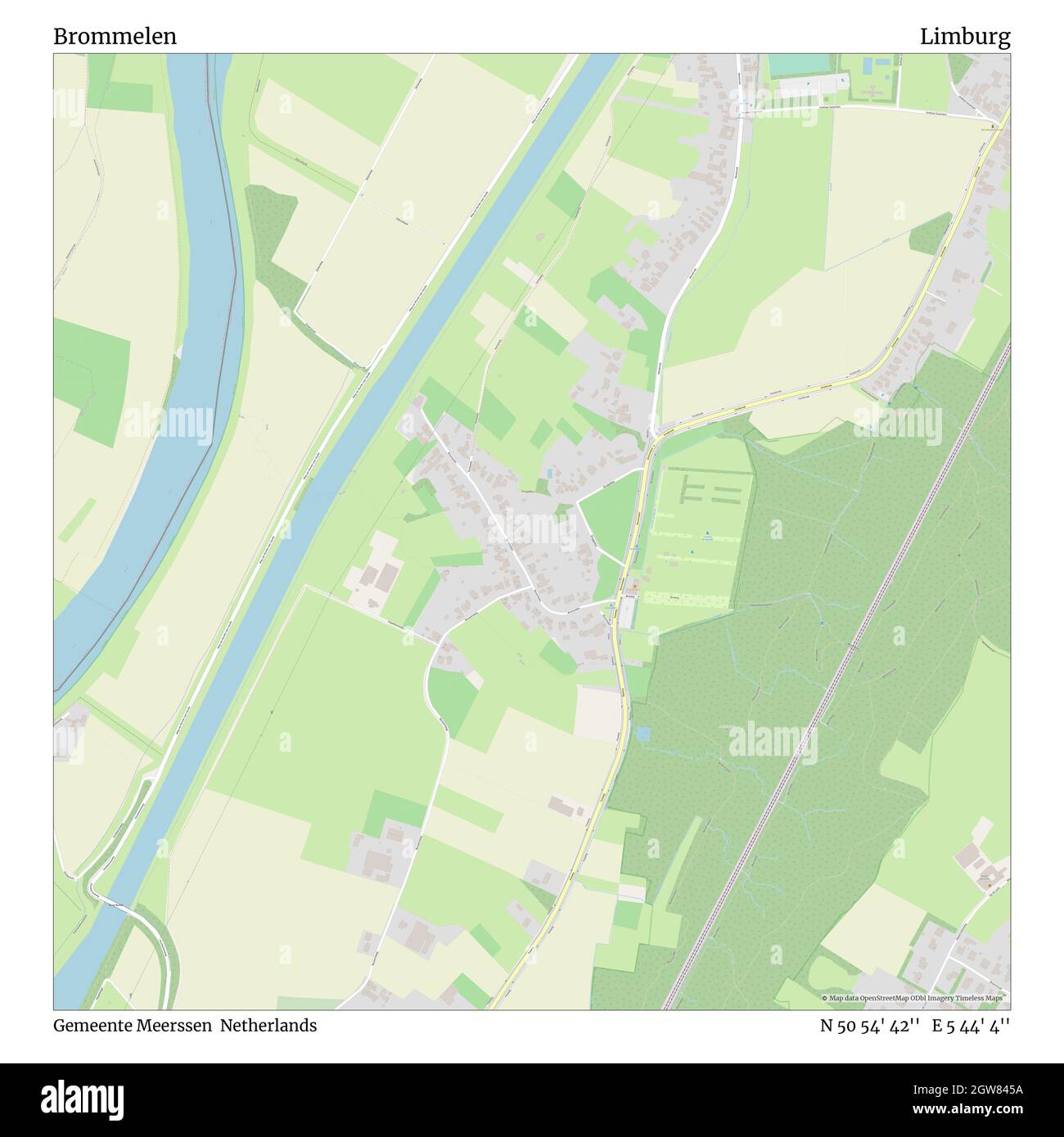 Brommelen, Gemeente Meerssen, Paesi Bassi, Limburgo, N 50 54' 42'', e 5 44' 4''', mappa, Mappa senza tempo pubblicata nel 2021. Viaggiatori, esploratori e avventurieri come Florence Nightingale, David Livingstone, Ernest Shackleton, Lewis and Clark e Sherlock Holmes si sono affidati alle mappe per pianificare i viaggi verso gli angoli più remoti del mondo, Timeless Maps sta mappando la maggior parte delle località del mondo, mostrando il successo di grandi sogni Foto Stock