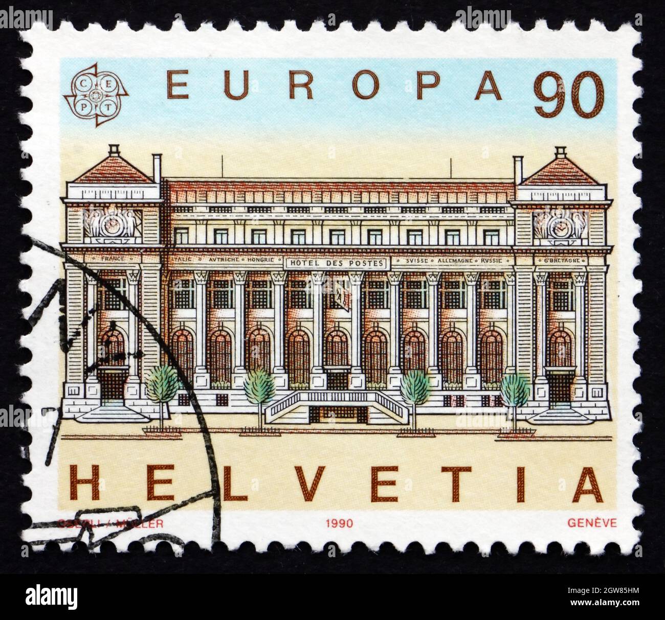 SVIZZERA - CIRCA 1990: Un francobollo stampato in Svizzera mostra Ufficio postale, Ginevra, circa 1990 Foto Stock