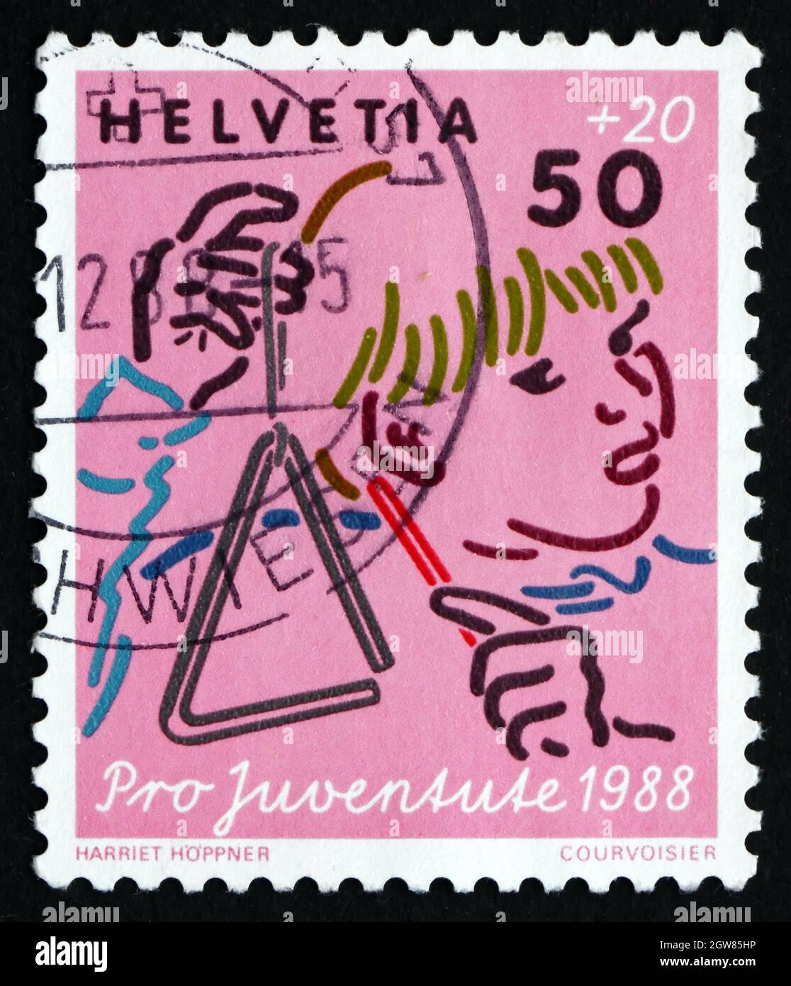 SVIZZERA - CIRCA 1988: Un francobollo stampato in Svizzera mostra Musica, sviluppo dei bambini, circa 1988 Foto Stock