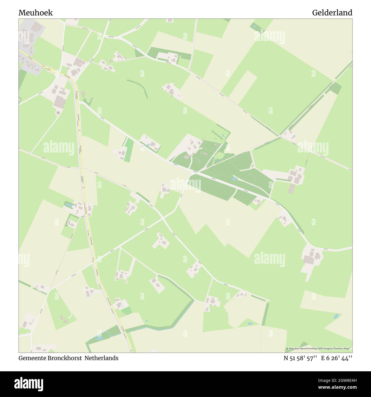 Meuhoek, Gemeente Bronckhorst, Paesi Bassi, Gelderland, N 51 58' 57'', e 6 26' 44''', mappa, Mappa senza tempo pubblicata nel 2021. Viaggiatori, esploratori e avventurieri come Florence Nightingale, David Livingstone, Ernest Shackleton, Lewis and Clark e Sherlock Holmes si sono affidati alle mappe per pianificare i viaggi verso gli angoli più remoti del mondo, Timeless Maps sta mappando la maggior parte delle località del mondo, mostrando il successo di grandi sogni Foto Stock