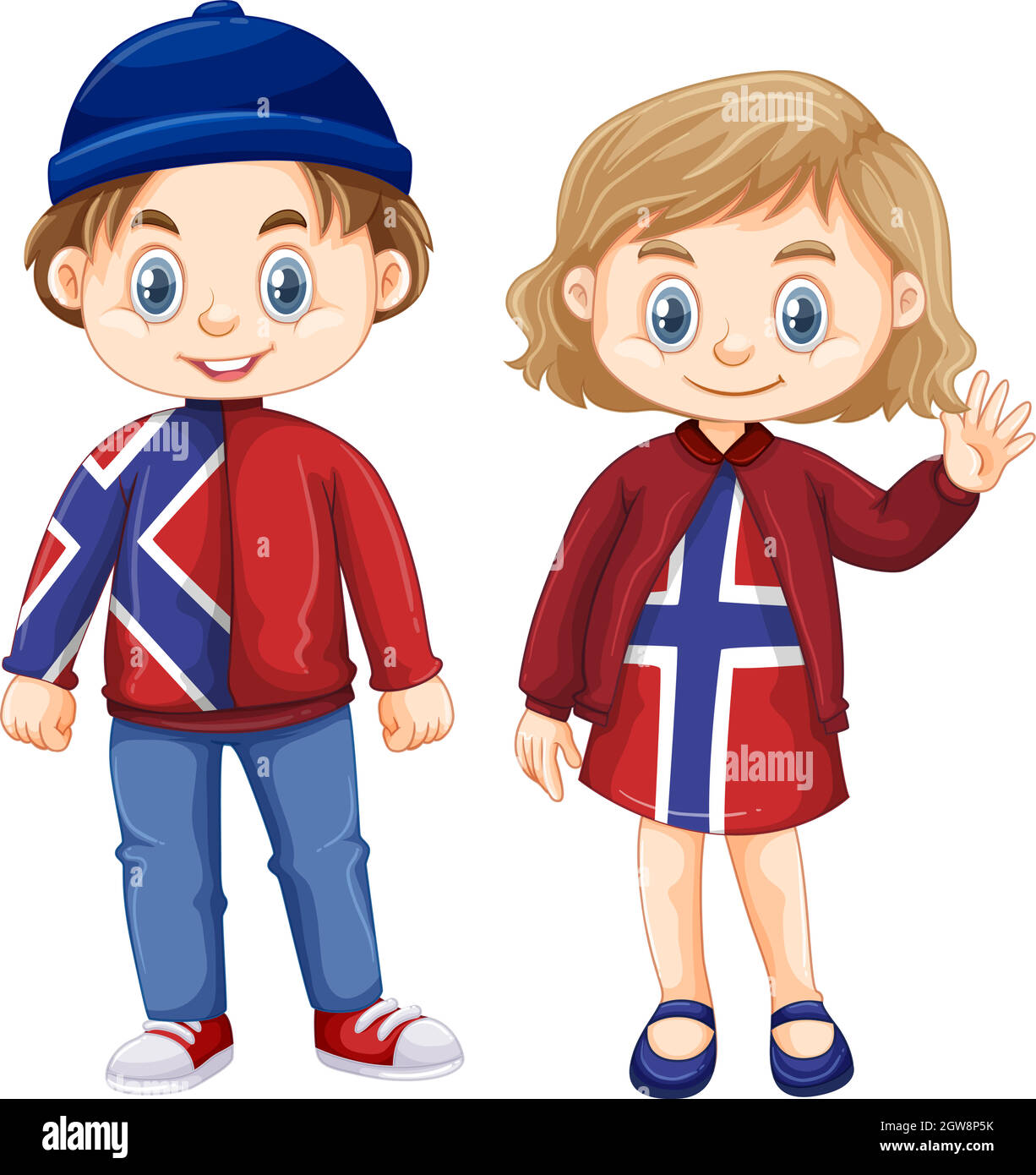 Ragazzo e ragazza norwagian in abito con bandiera norvegese Illustrazione Vettoriale