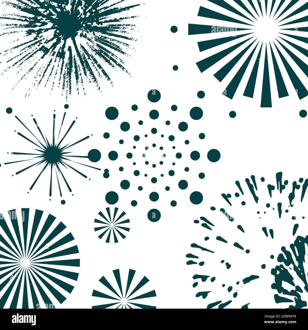 fuochi d'artificio in varie forme set. scintillanti pittogrammi su sfondo bianco. Foto Stock