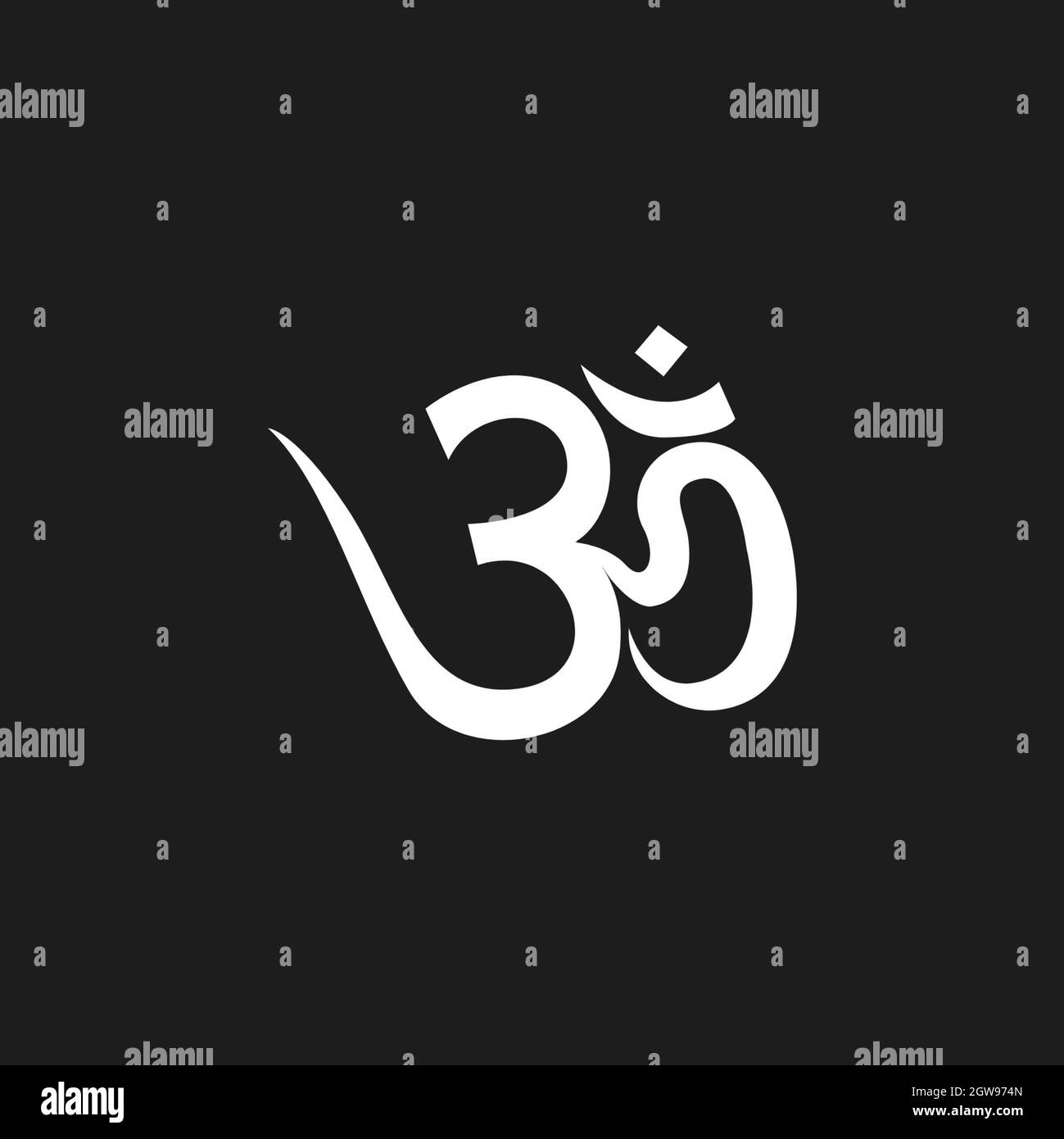 AuM Om Ohm simbolo nero su sfondo nero. Illustrazione vettoriale cultura indiana India yoga spirituale om icona. Foto Stock