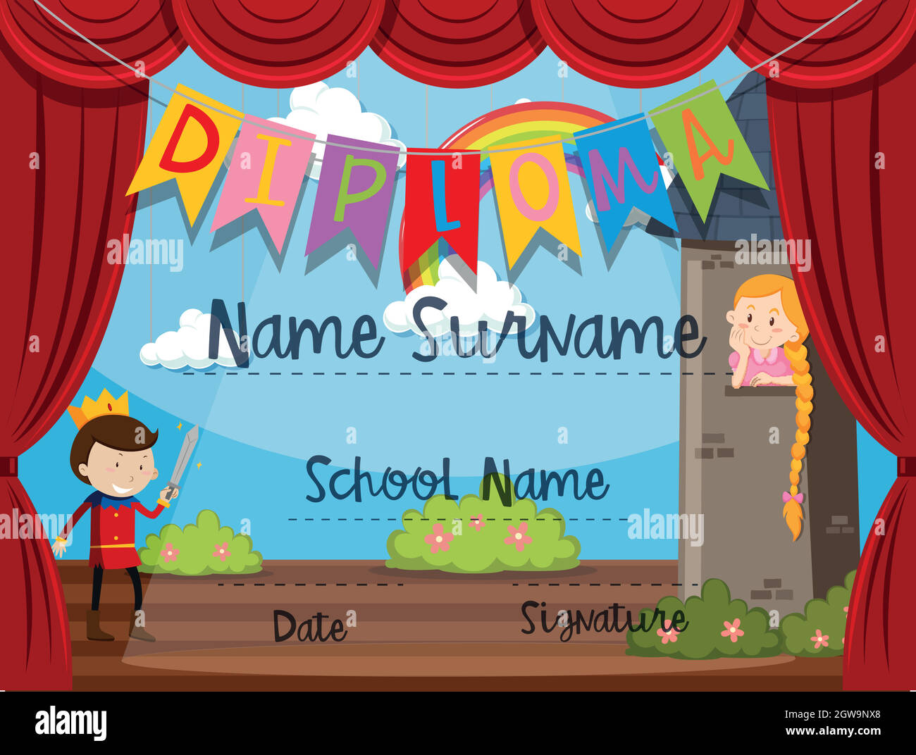 Modello di certificato con bambini sul palco Illustrazione Vettoriale