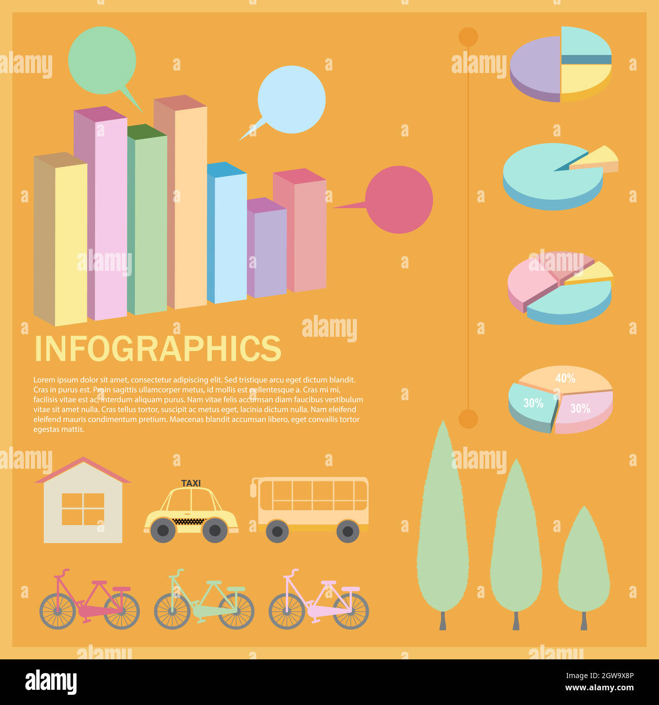 Infografiche con grafici a torta e a barre Illustrazione Vettoriale