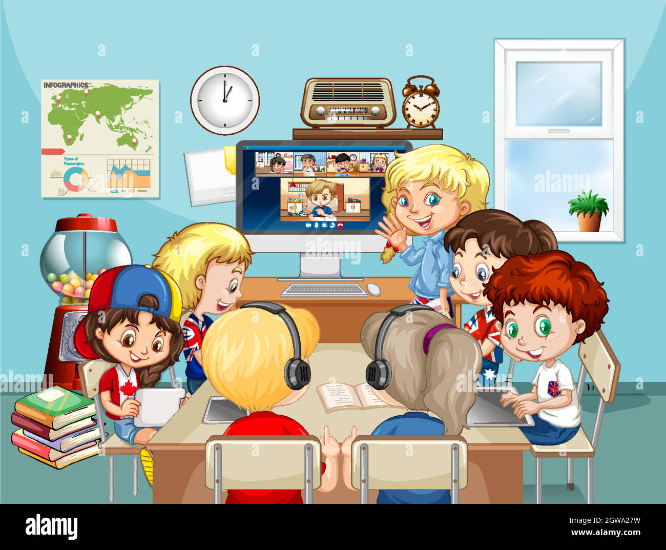 Gruppo di bambini studiare online nella scena della stanza Illustrazione Vettoriale