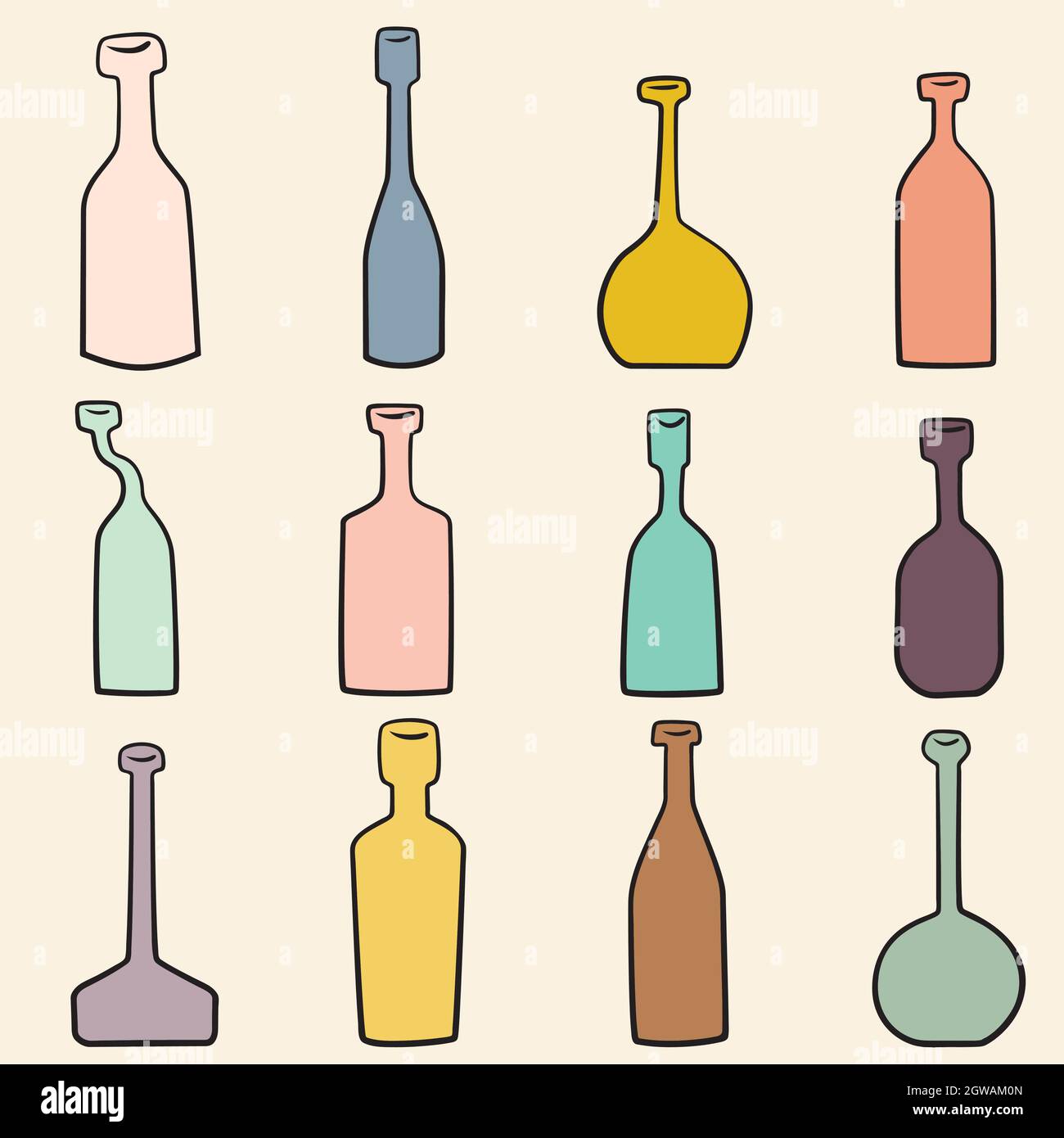 Bottiglie disegnate a mano. Fiale per pozione, medicina antica, fiasche per apothecary uniche, bottiglie per vino d'annata. Doodles colorati. Illustrazione Vettoriale