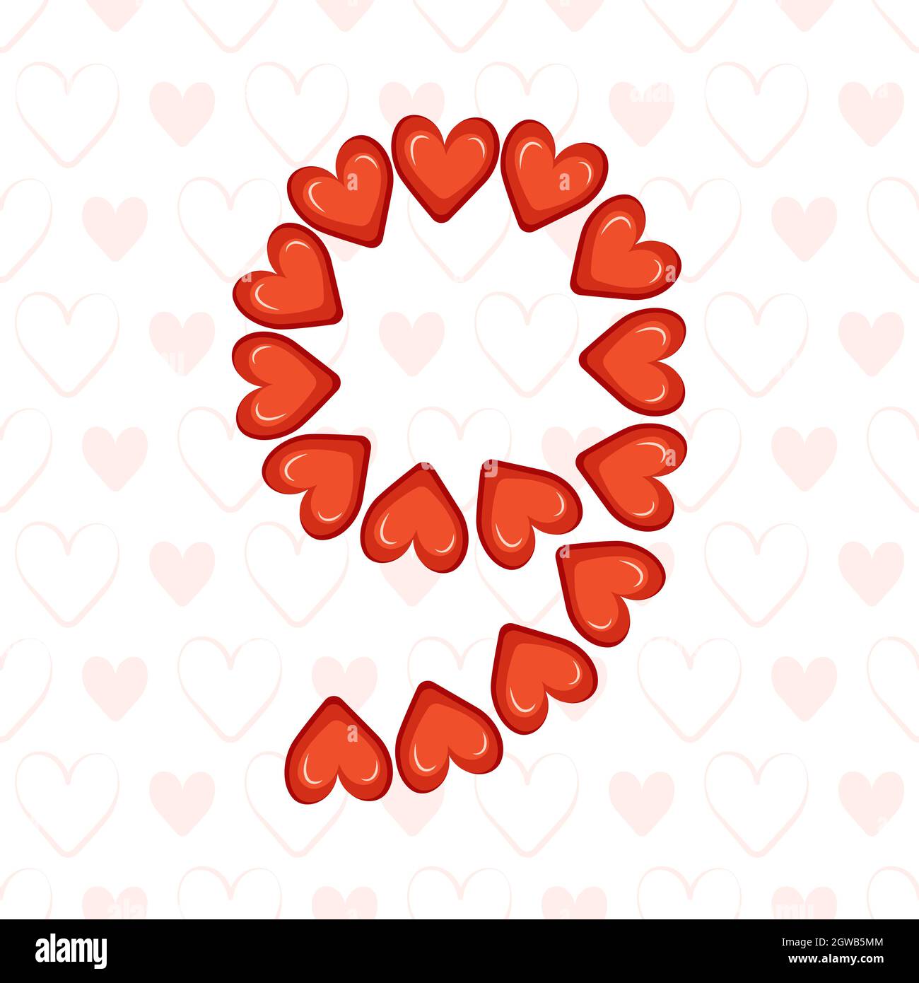 Numero nove da cuori rossi su disegno senza cuciture con simbolo d'amore. Carattere festivo o decorazione per San Valentino, matrimonio, vacanza e design Illustrazione Vettoriale