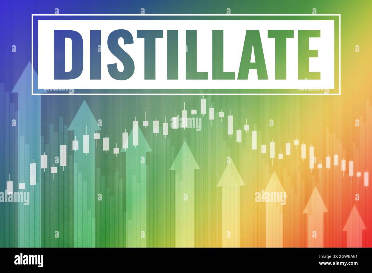 Variazione di prezzo sul trading Distillate futures su sfondo verde, blu, giallo, rosso finanza da grafici, grafici, colonne, candele, bar. Trend su e fai Foto Stock