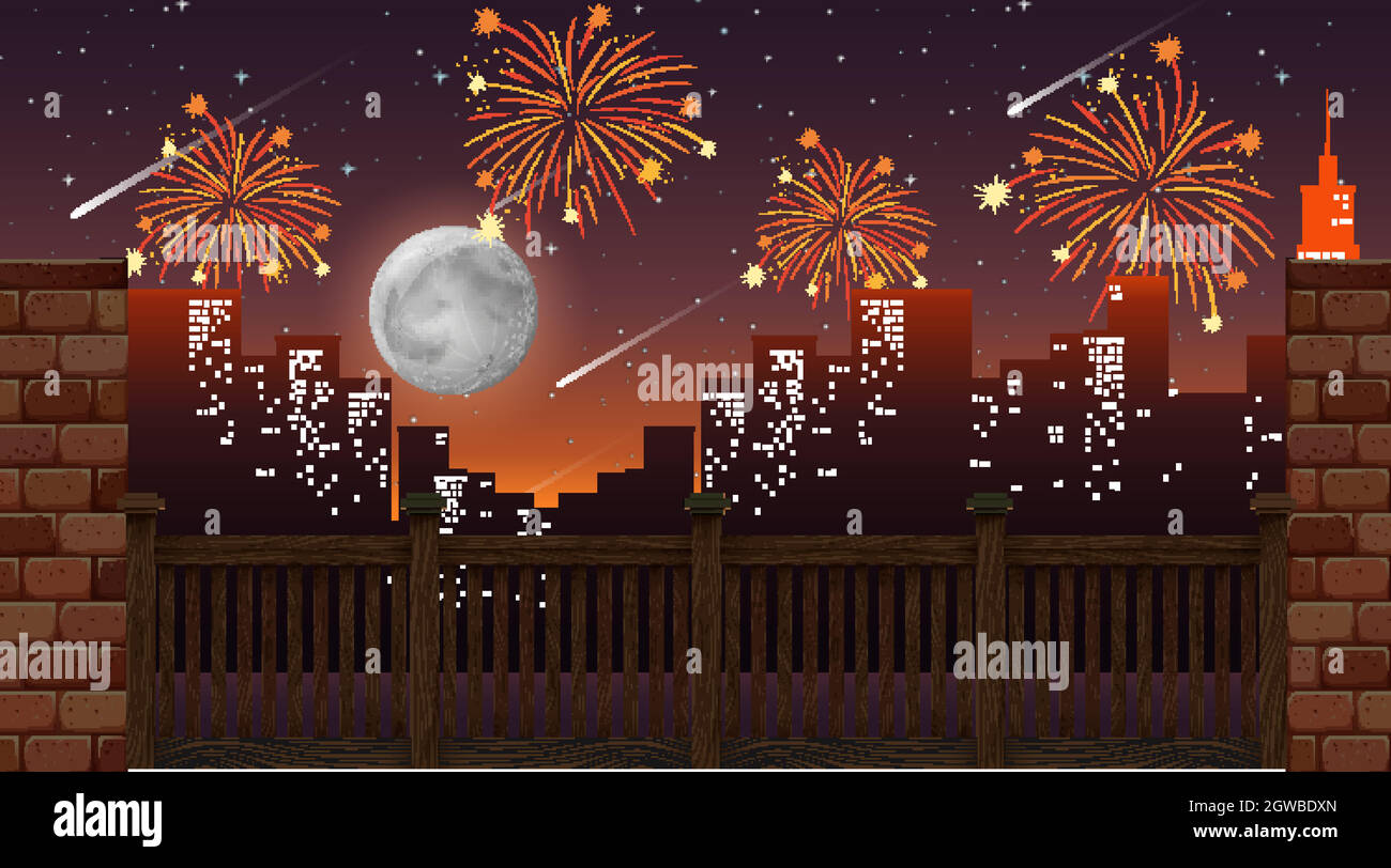 Paesaggio urbano con fuochi d'artificio celebrazione vista dal ponte Illustrazione Vettoriale