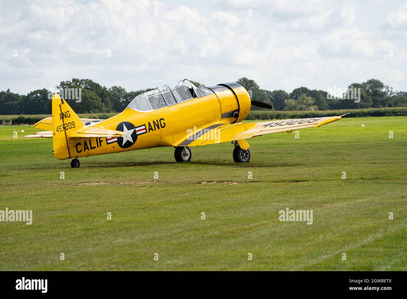 Velivoli militari d'epoca gialli da addestramento sul campo d'aviazione in erba nel Kent Foto Stock