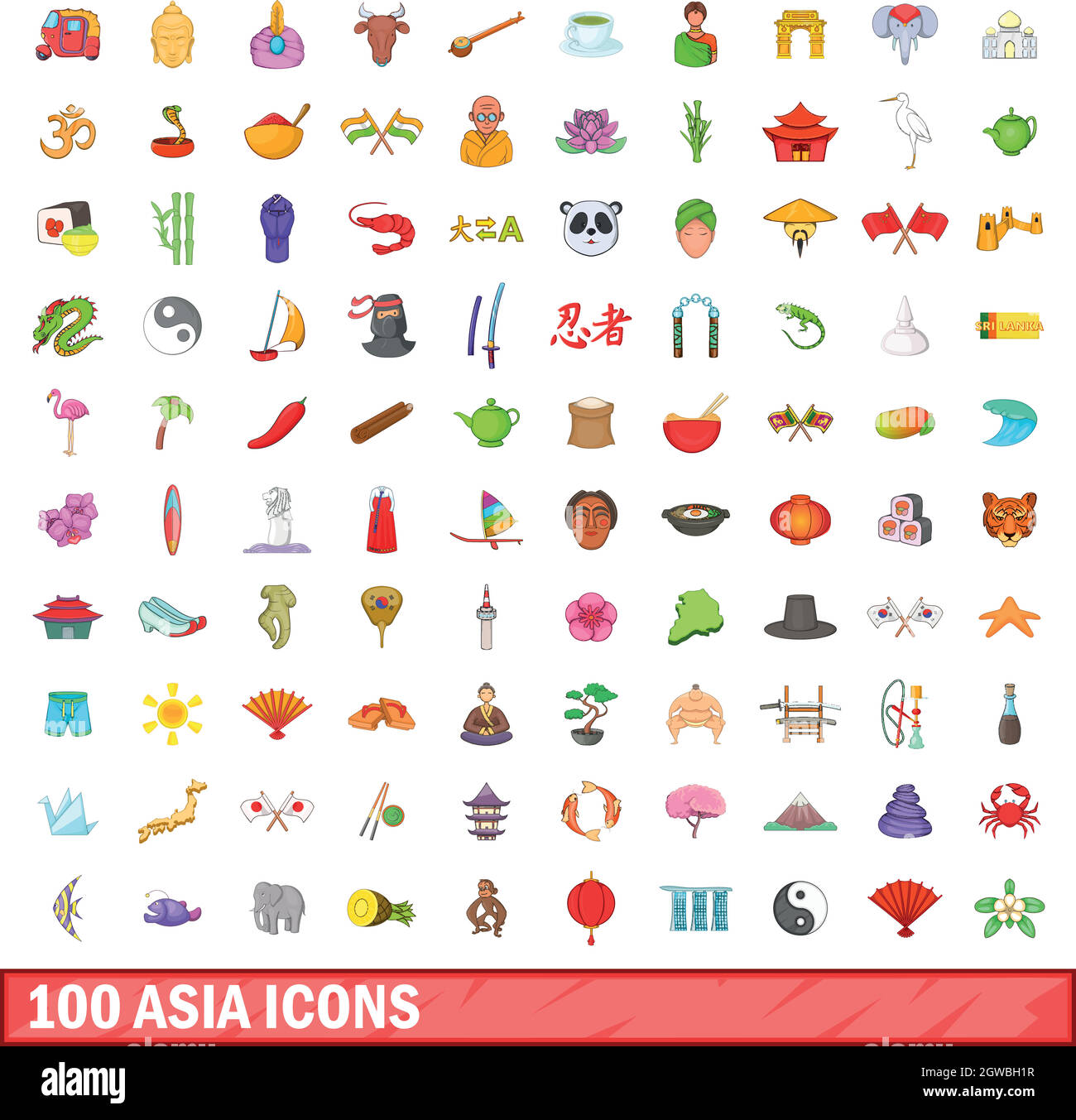 100 Asia set di icone, stile cartoon Illustrazione Vettoriale