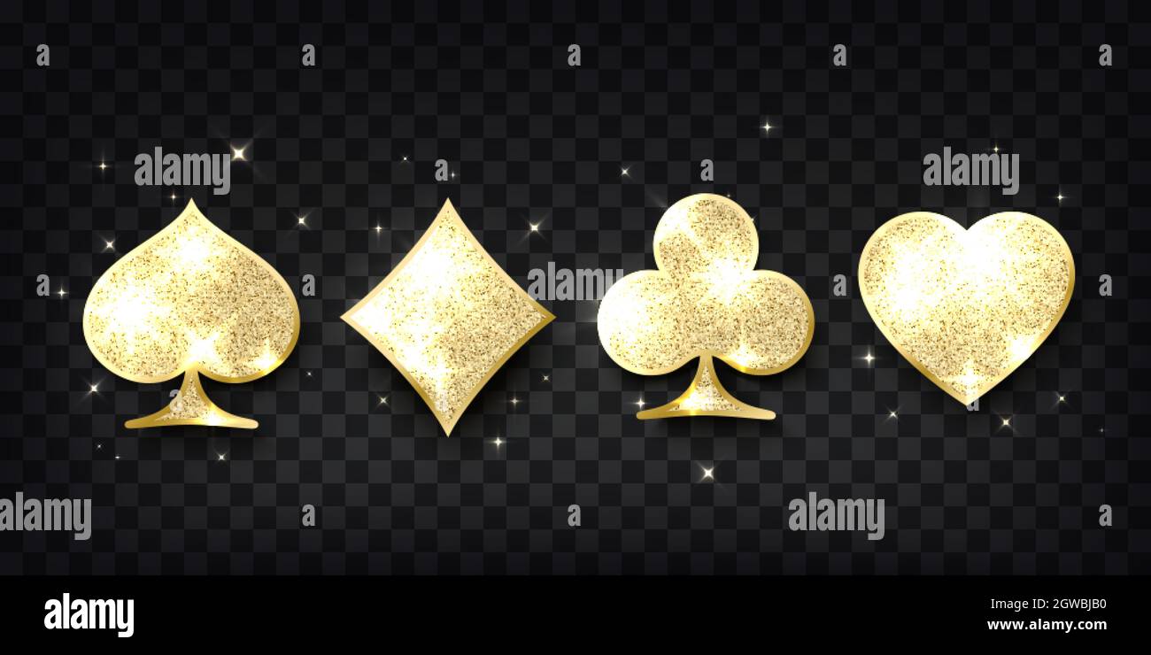 Mazza carte vestito. Quattro simboli glitteri dorati del casino di gioco della scheda. Elemento di progettazione. Illustrazione vettoriale Illustrazione Vettoriale