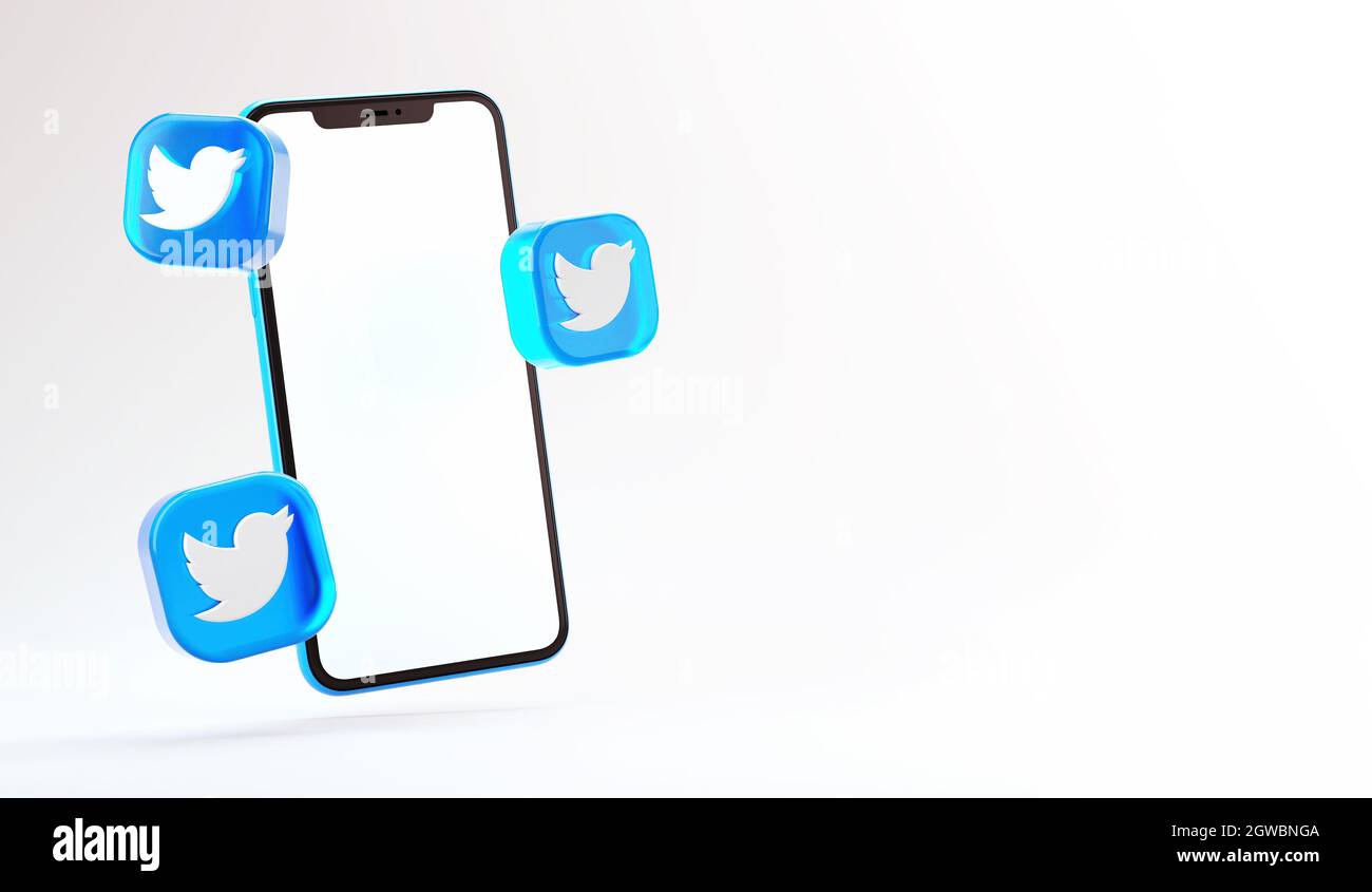 Valencia, Spagna - Ottobre, 2021: Icone isolate Twitter con uno schermo vuoto cellulare in 3D rendering. Twitter è un'app gratuita per social media network f Foto Stock