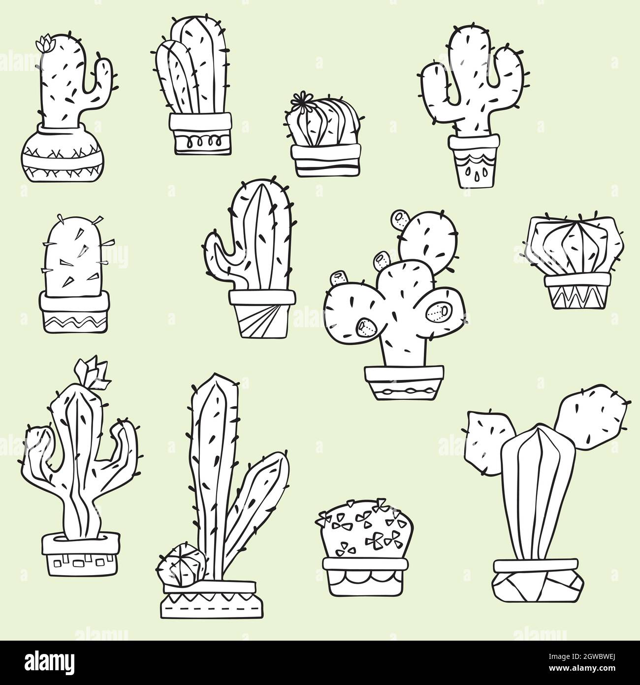 Cactus in vasi di fiori. Aspirazione disegnata a mano. Piante tropicali della casa. Bianco e nero. Illustrazione Vettoriale