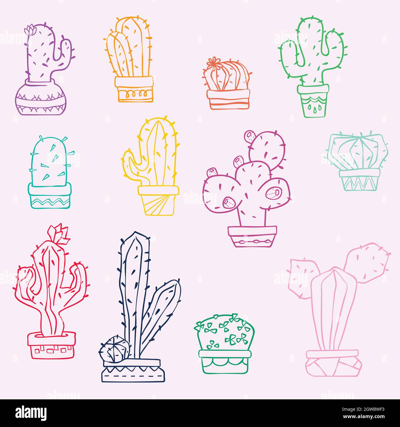 Cactus in vasi di fiori. Aspirazione disegnata a mano. Piante tropicali della casa. Contorno colorato. Illustrazione Vettoriale