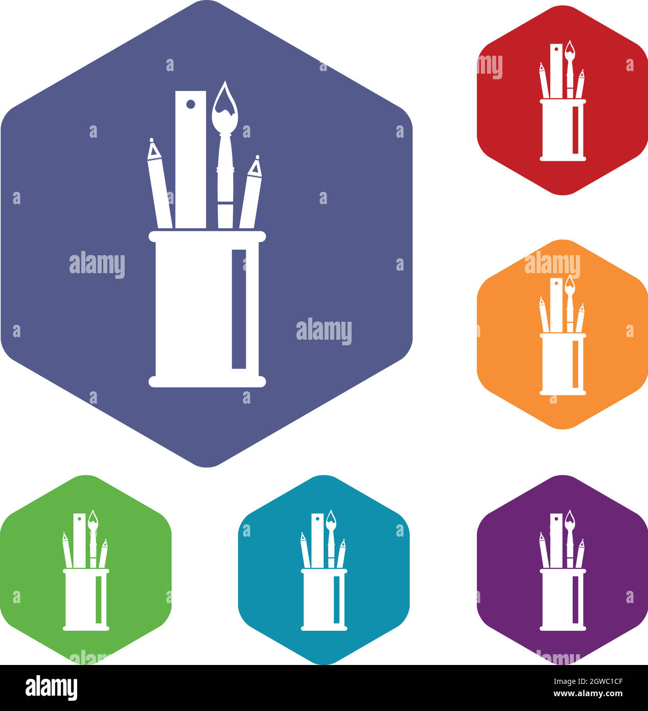 Articoli di cancelleria in tazza di set di icone Illustrazione Vettoriale