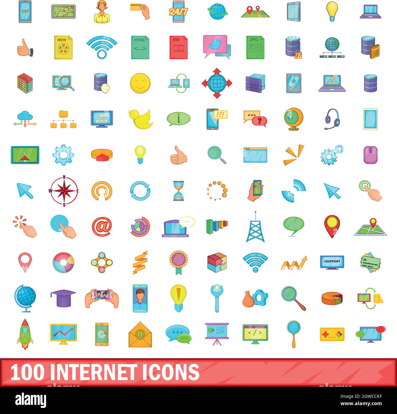 100 internet set di icone, stile cartoon Illustrazione Vettoriale